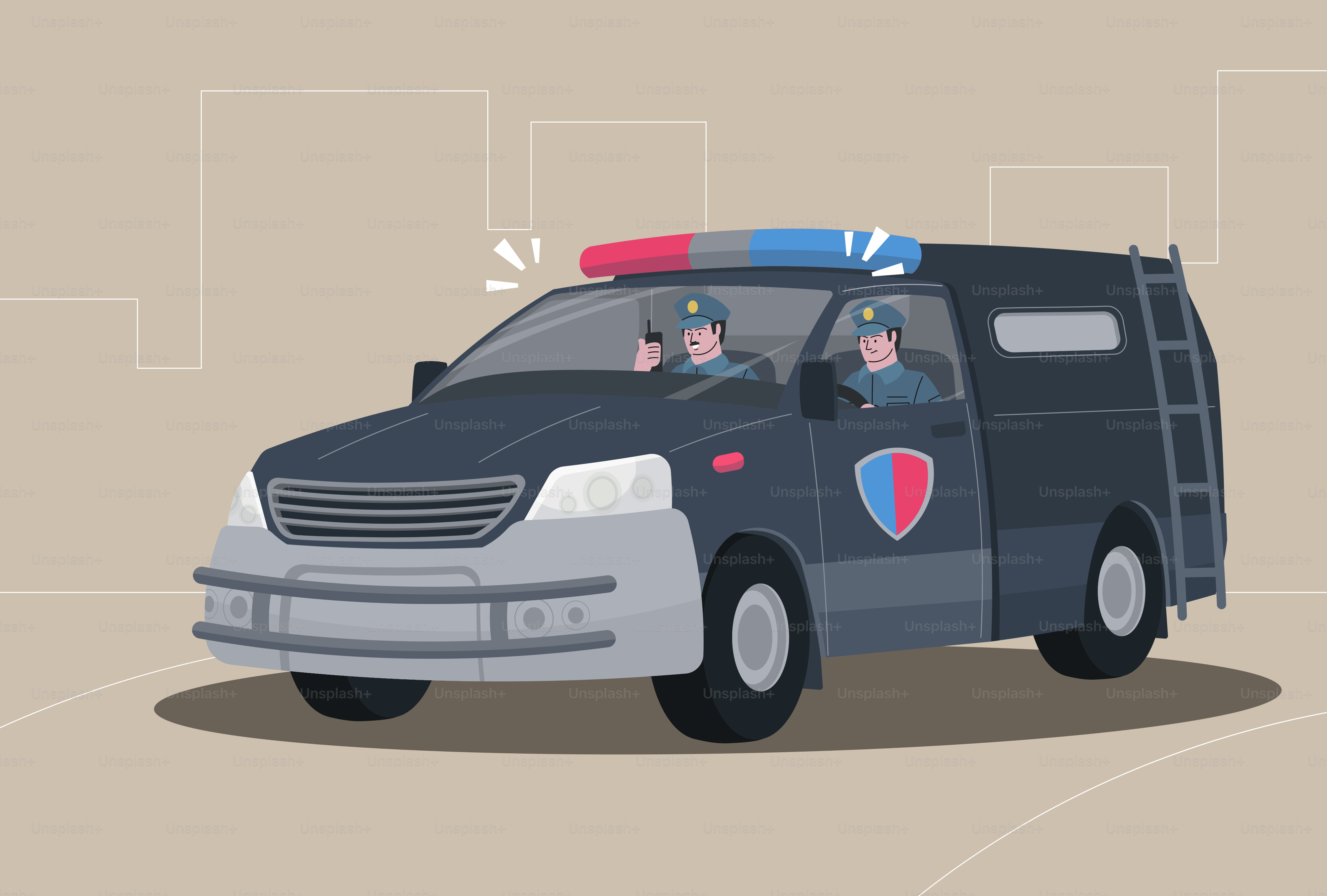 Police officers drive a police van.