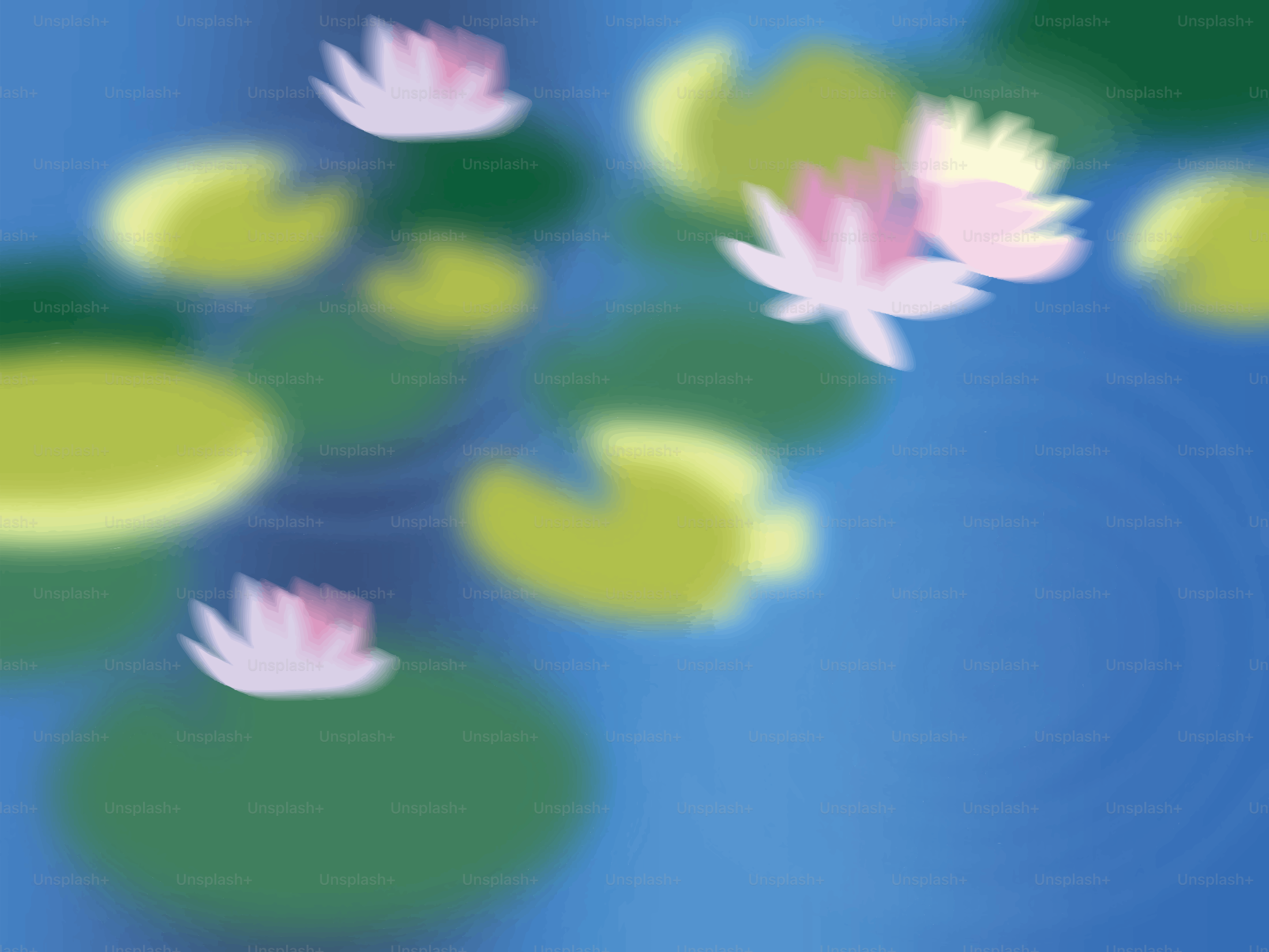 Water lilies and pads float on blue water.