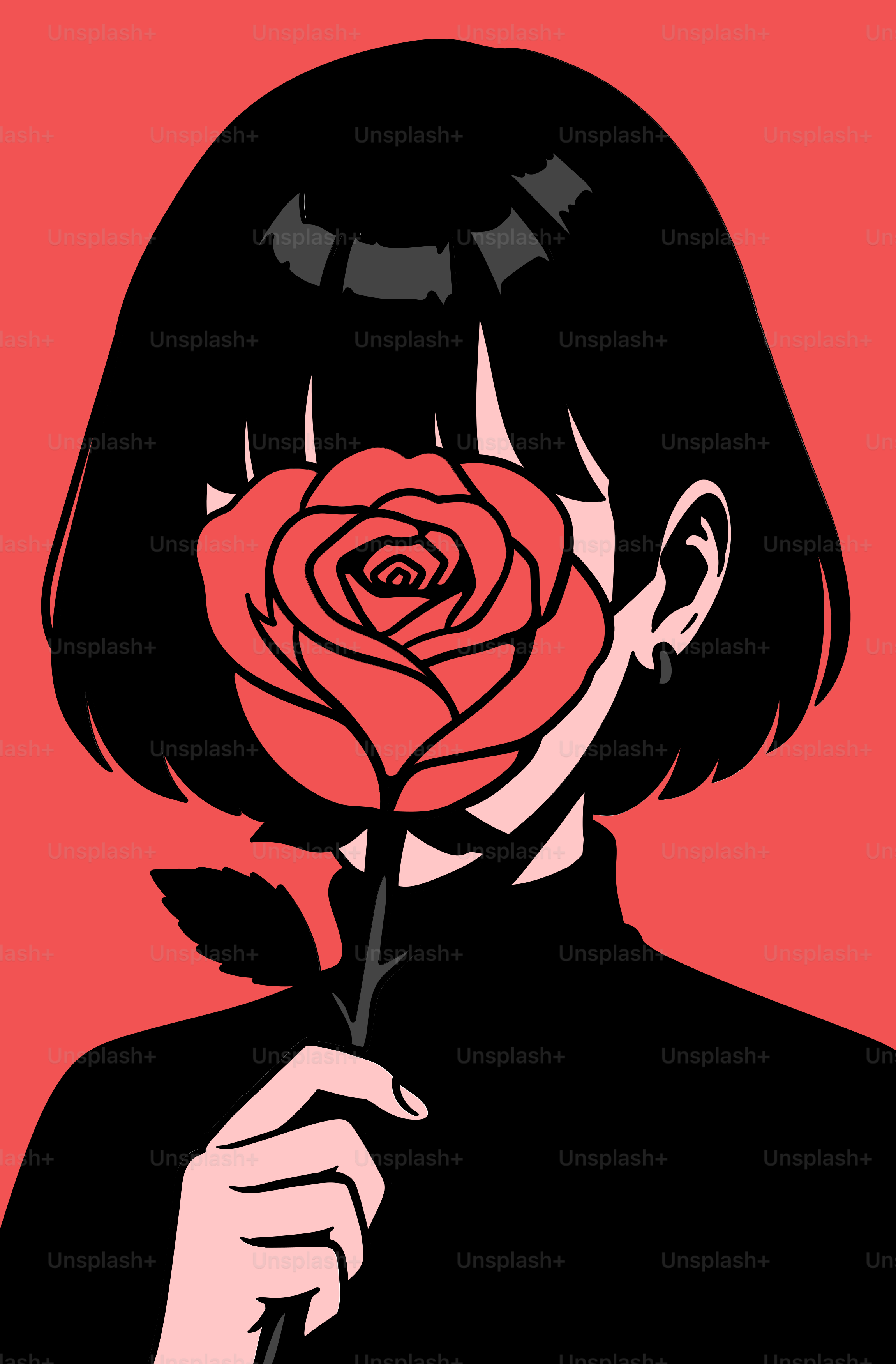 Una mujer sostiene una rosa roja cubriéndole la cara.