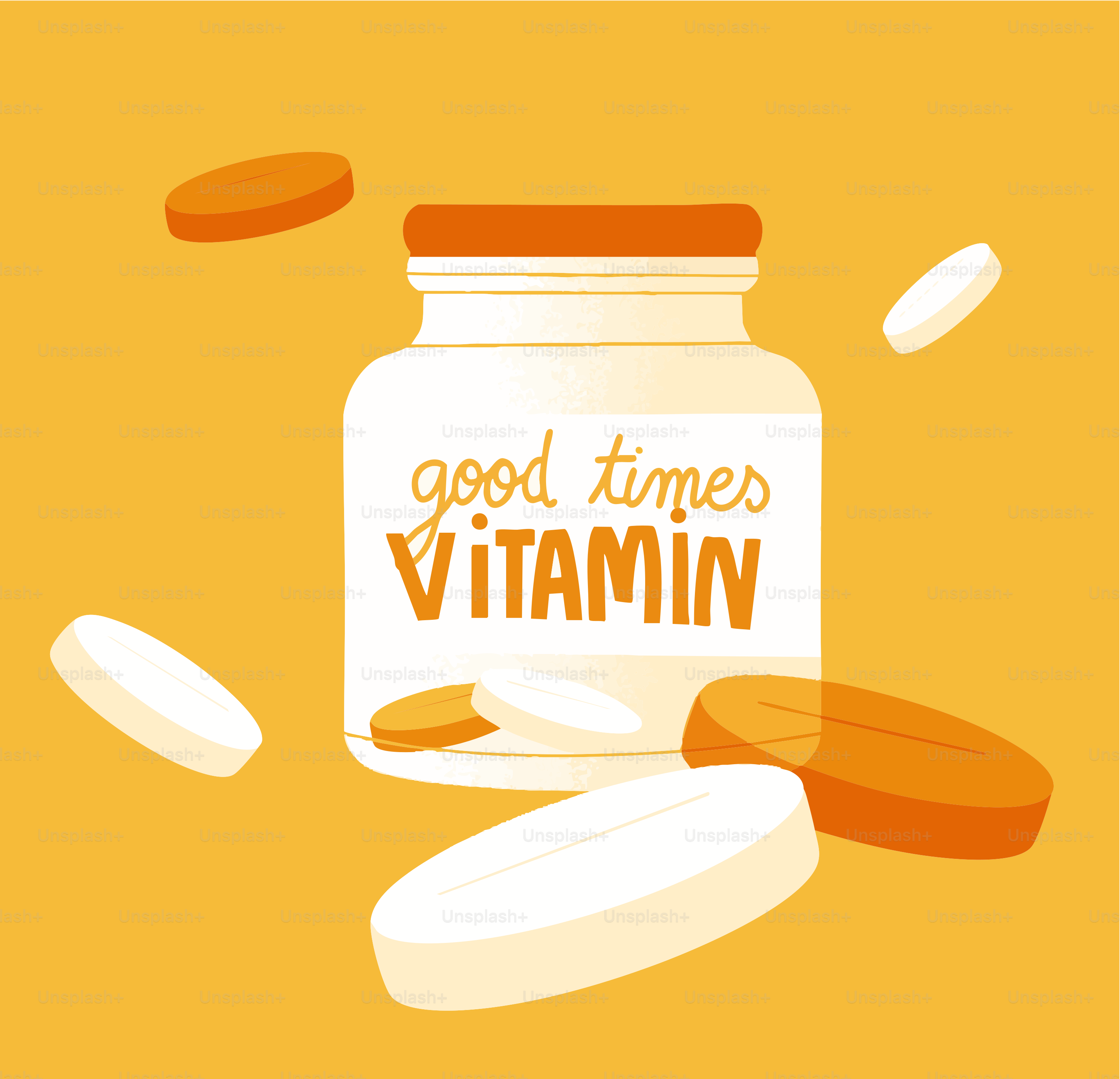 Las vitaminas y las píldoras están sobre un fondo amarillo.