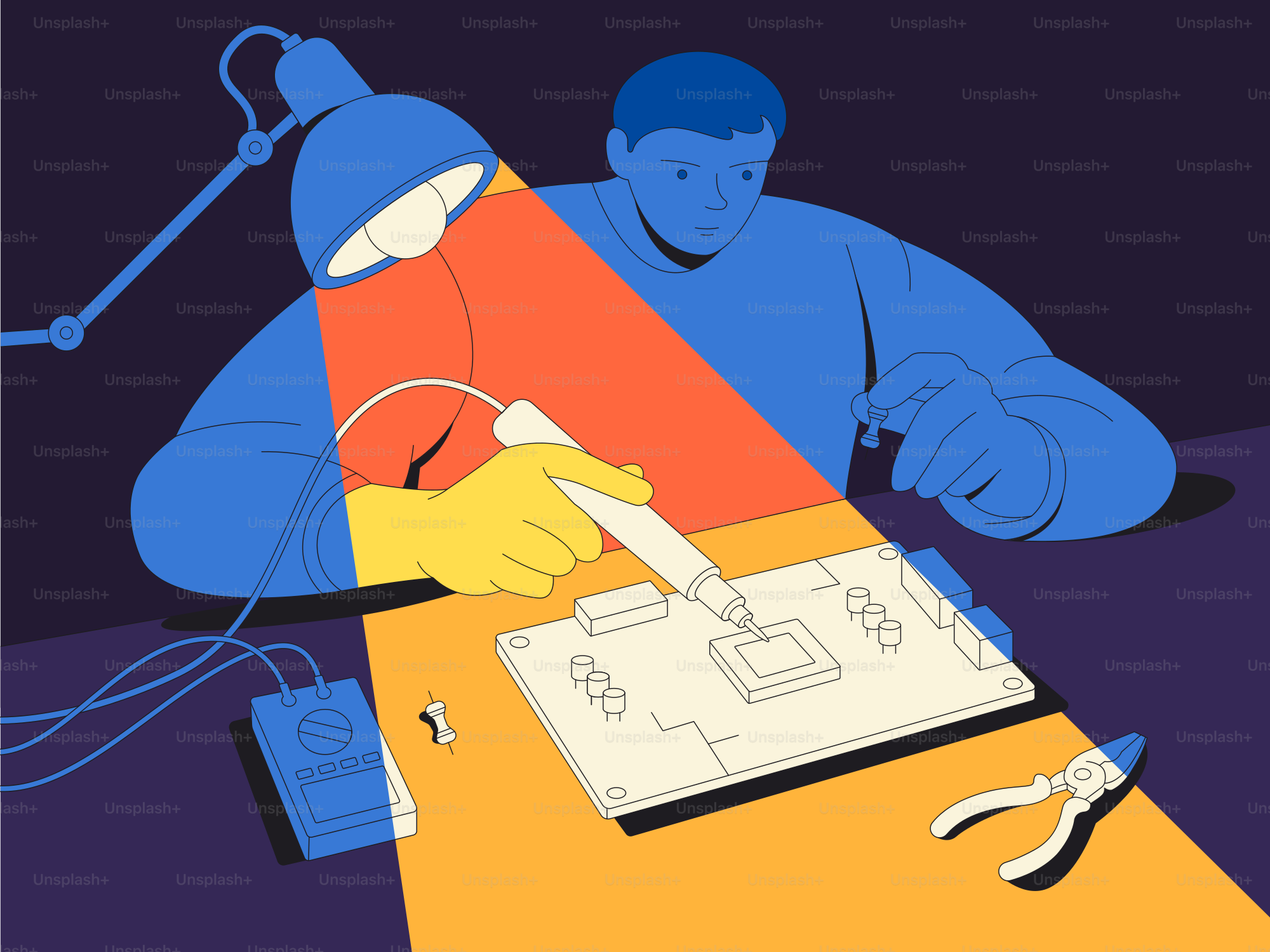 A person is working on a circuit board.