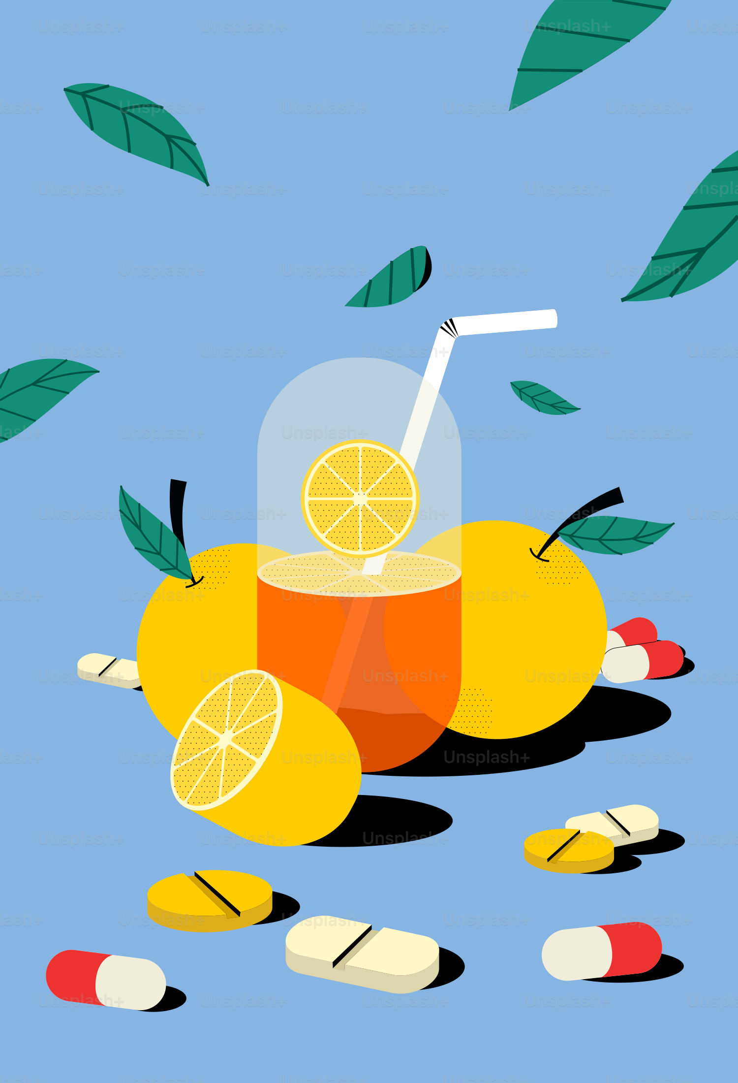 Frutas cítricas, sucos e pílulas para uma vida saudável.