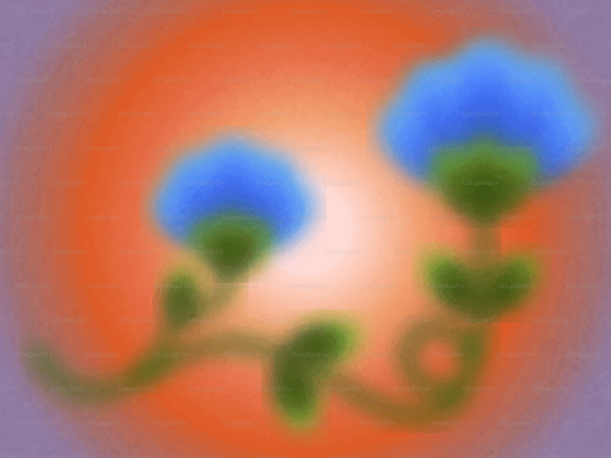 Zwei blaue Blumen blühen auf orangefarbenem Hintergrund.