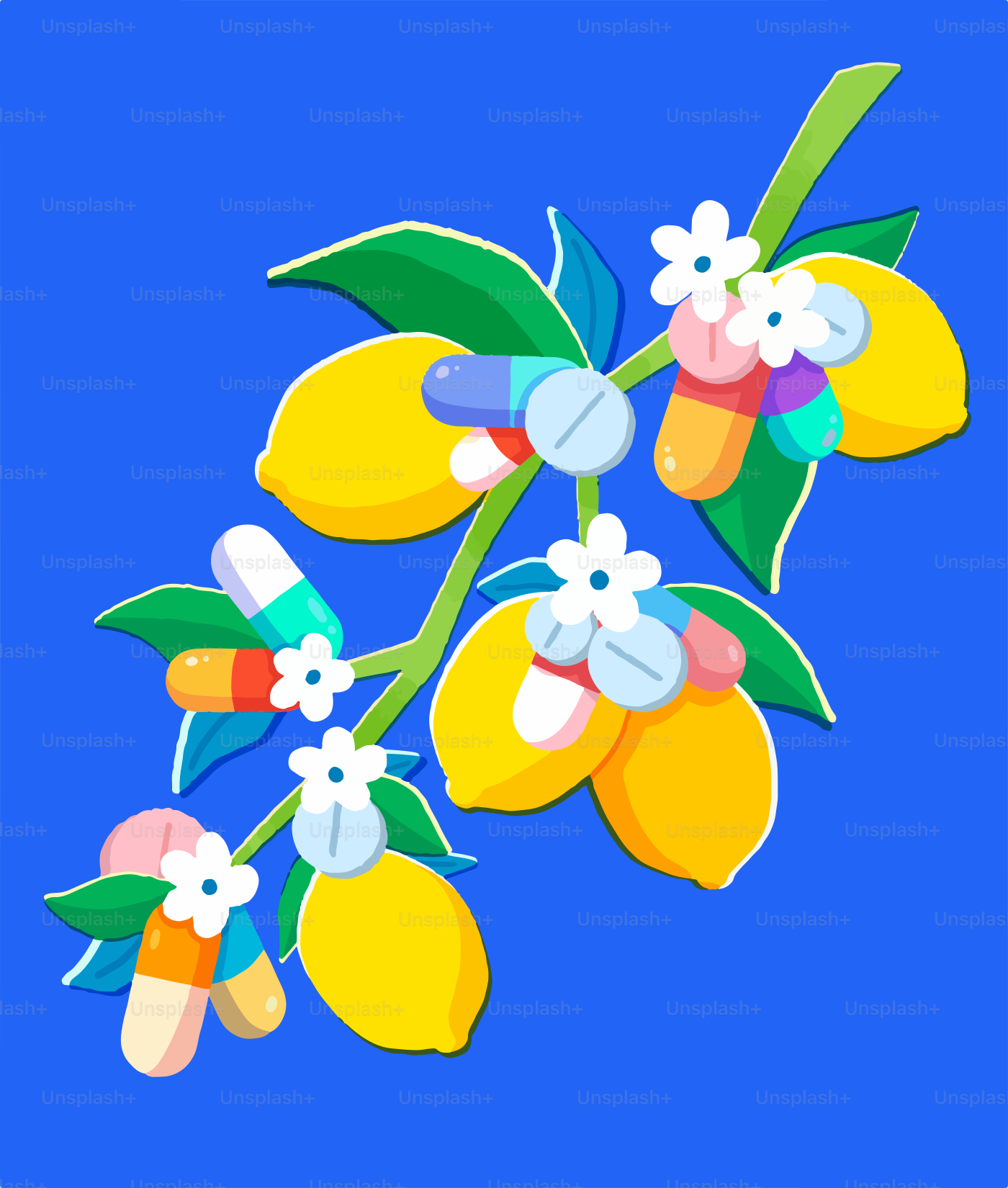 Lemons, flowers, and pills depicted on a branch.