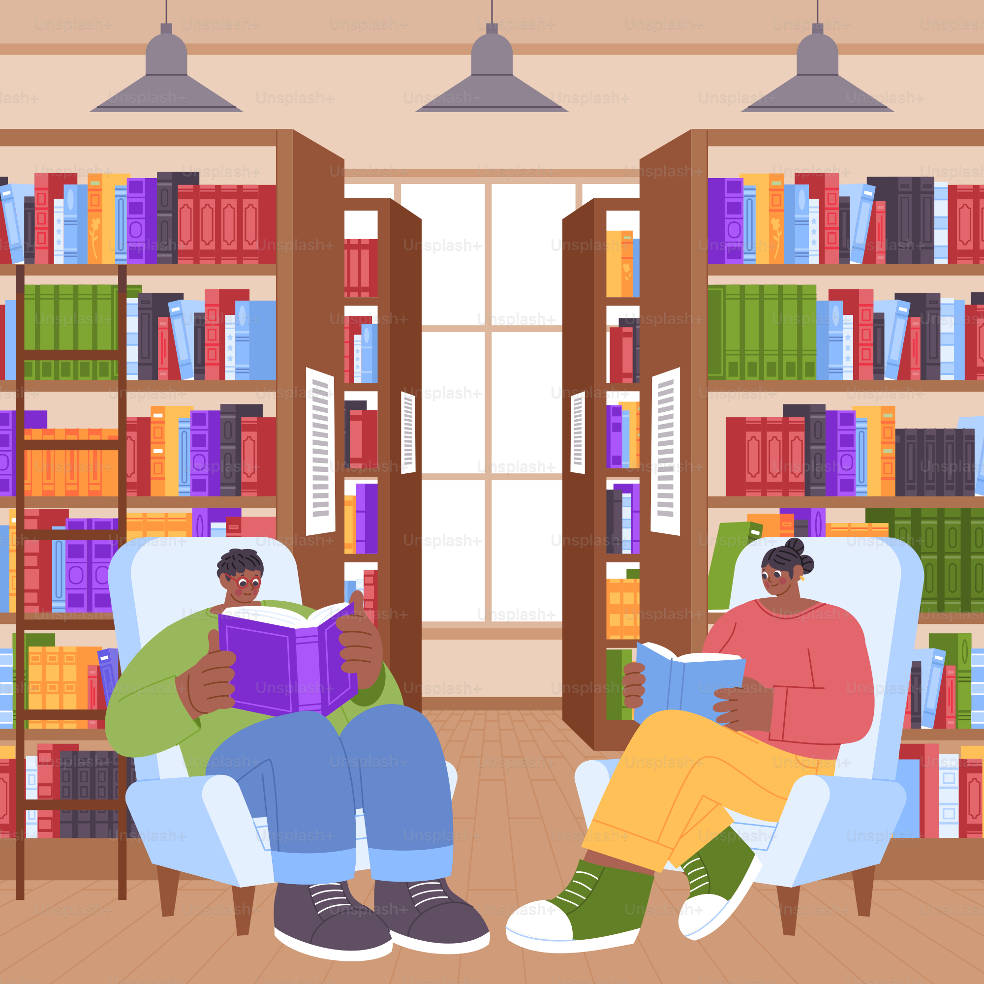 Les gens lisent des livres dans une bibliothèque confortable.