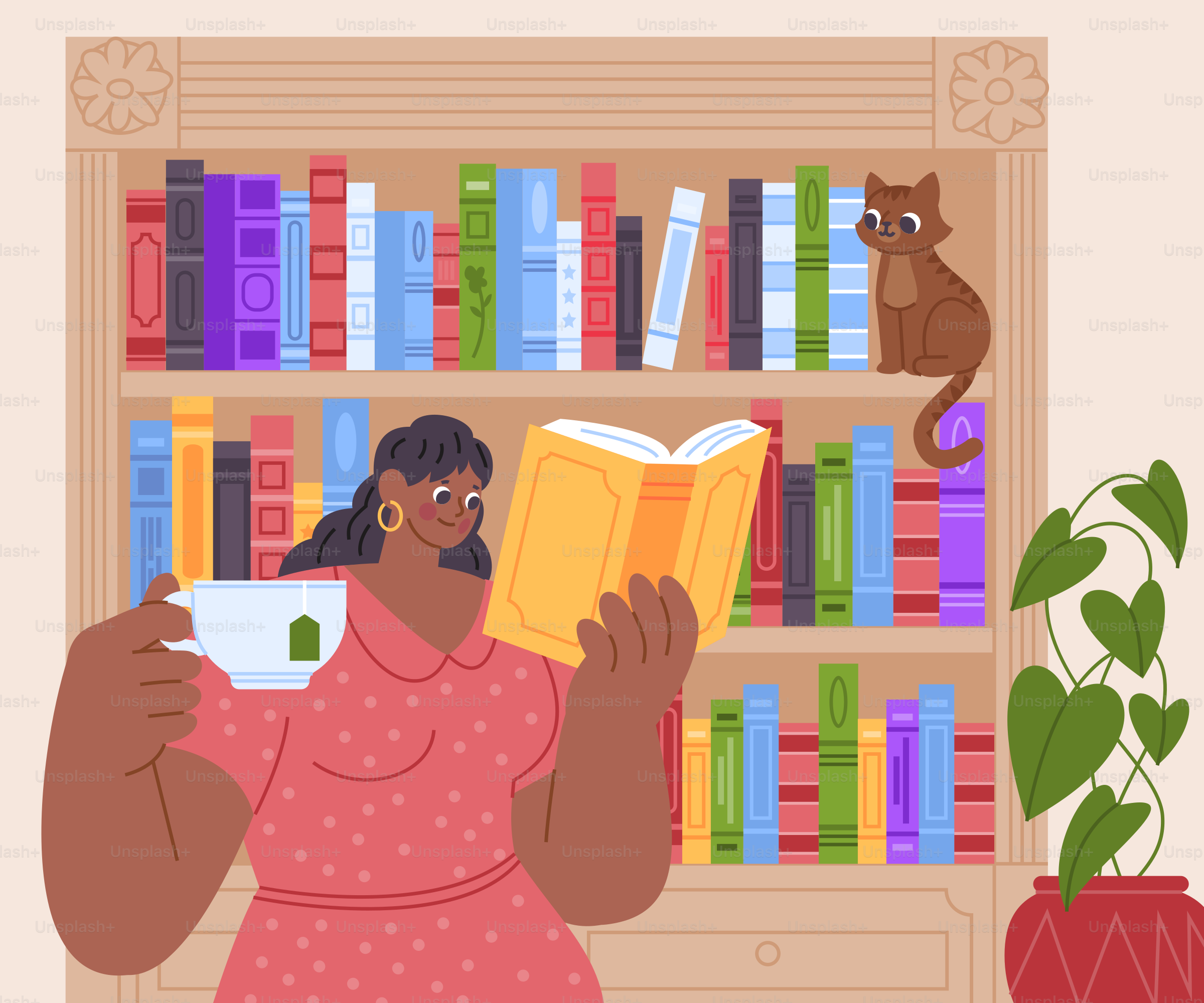 Woman enjoys reading with tea and a cat.