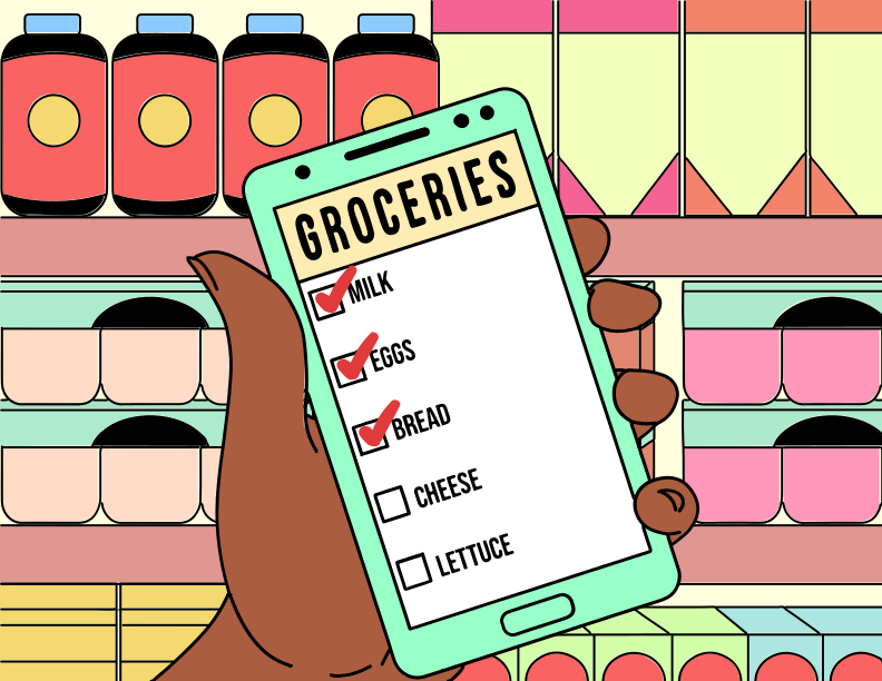 A hand holds a grocery list on a phone.
