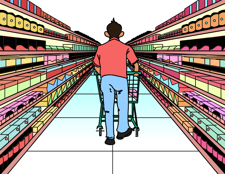 Man walks down supermarket aisle with shopping cart.