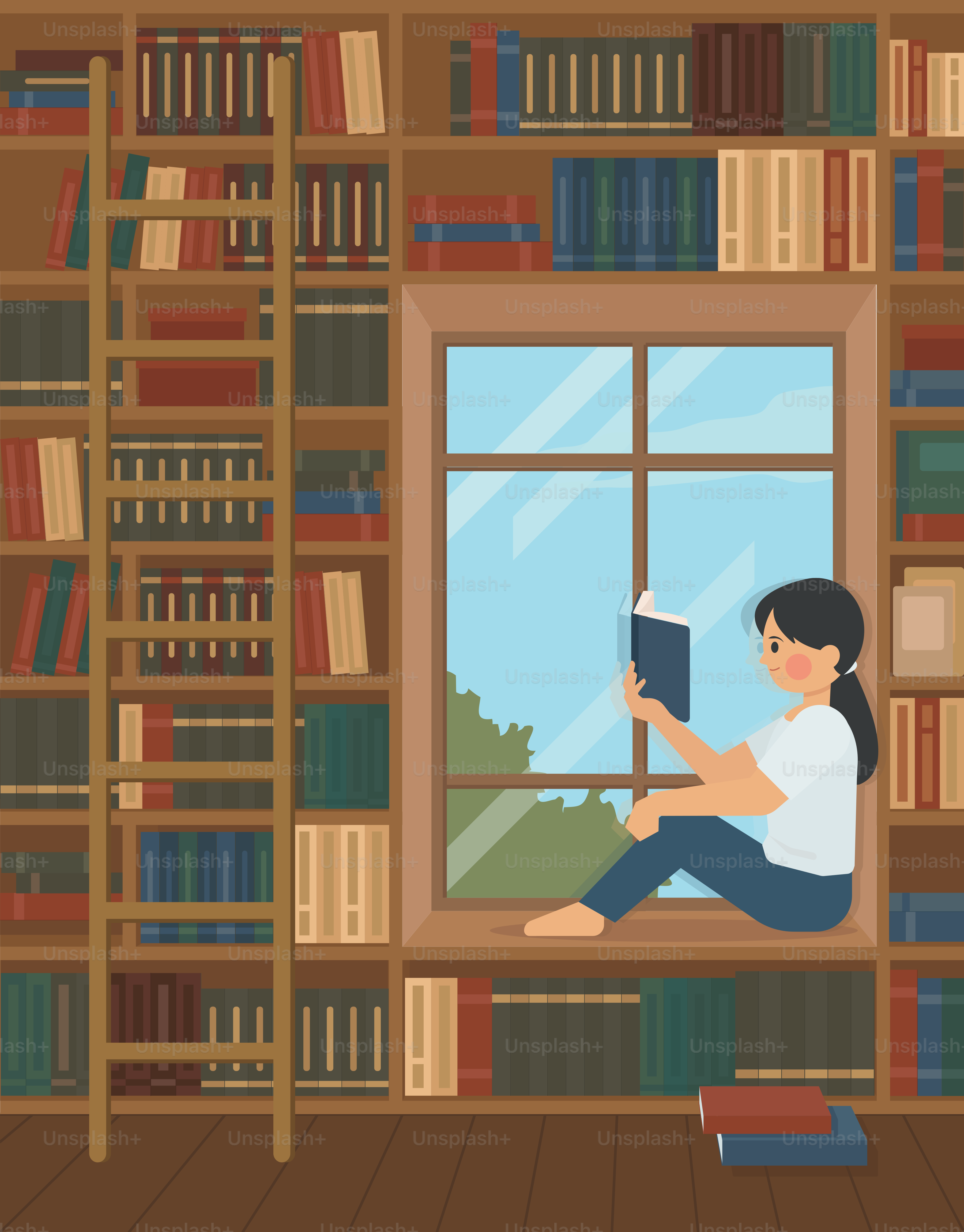 소녀가 도서관 창가에서 책을 읽고 있다. 벡터 – Unsplash의 소녀 이미지, image size:3000x3833