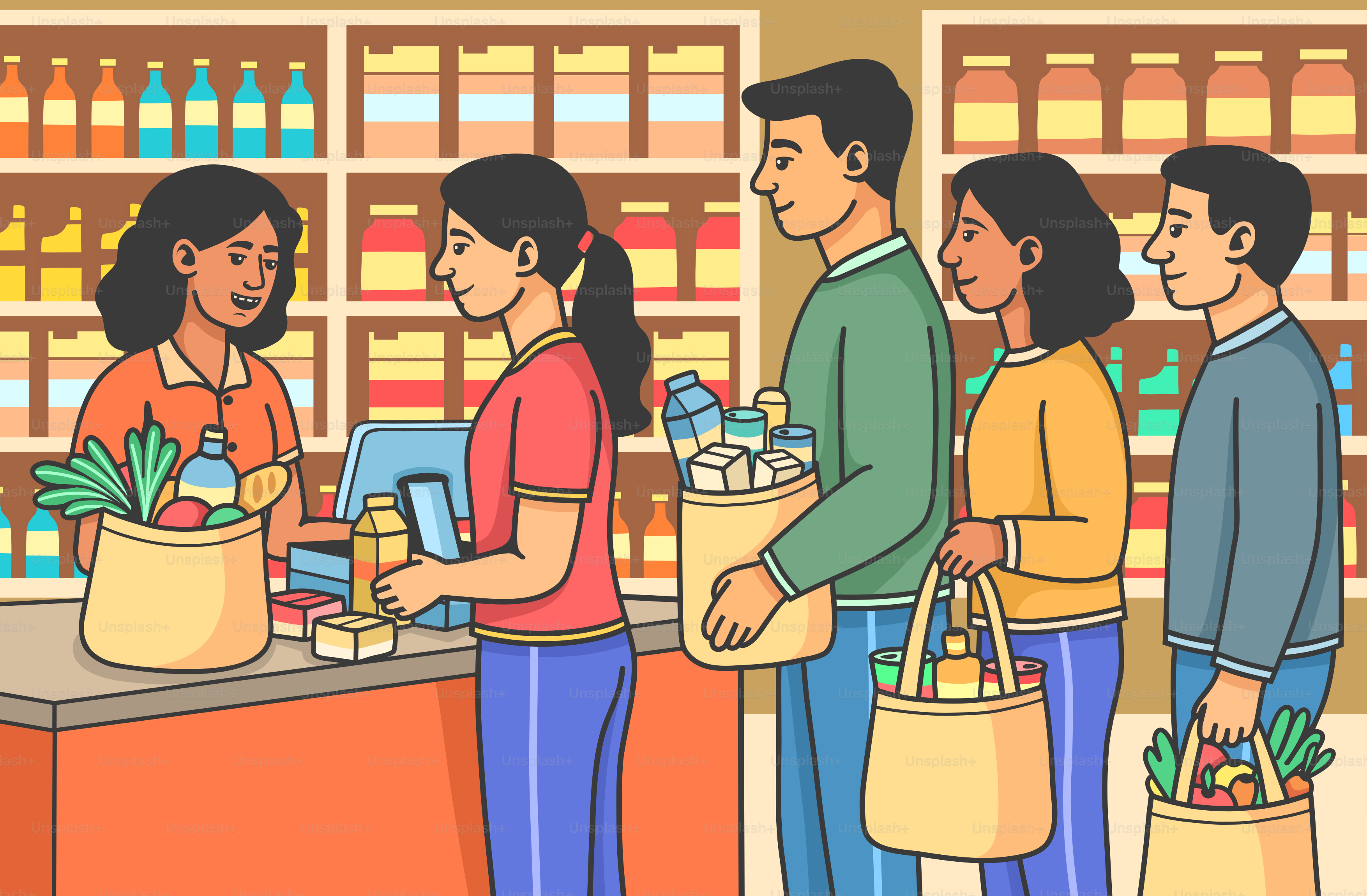 People are grocery shopping and checking out at the cashier.