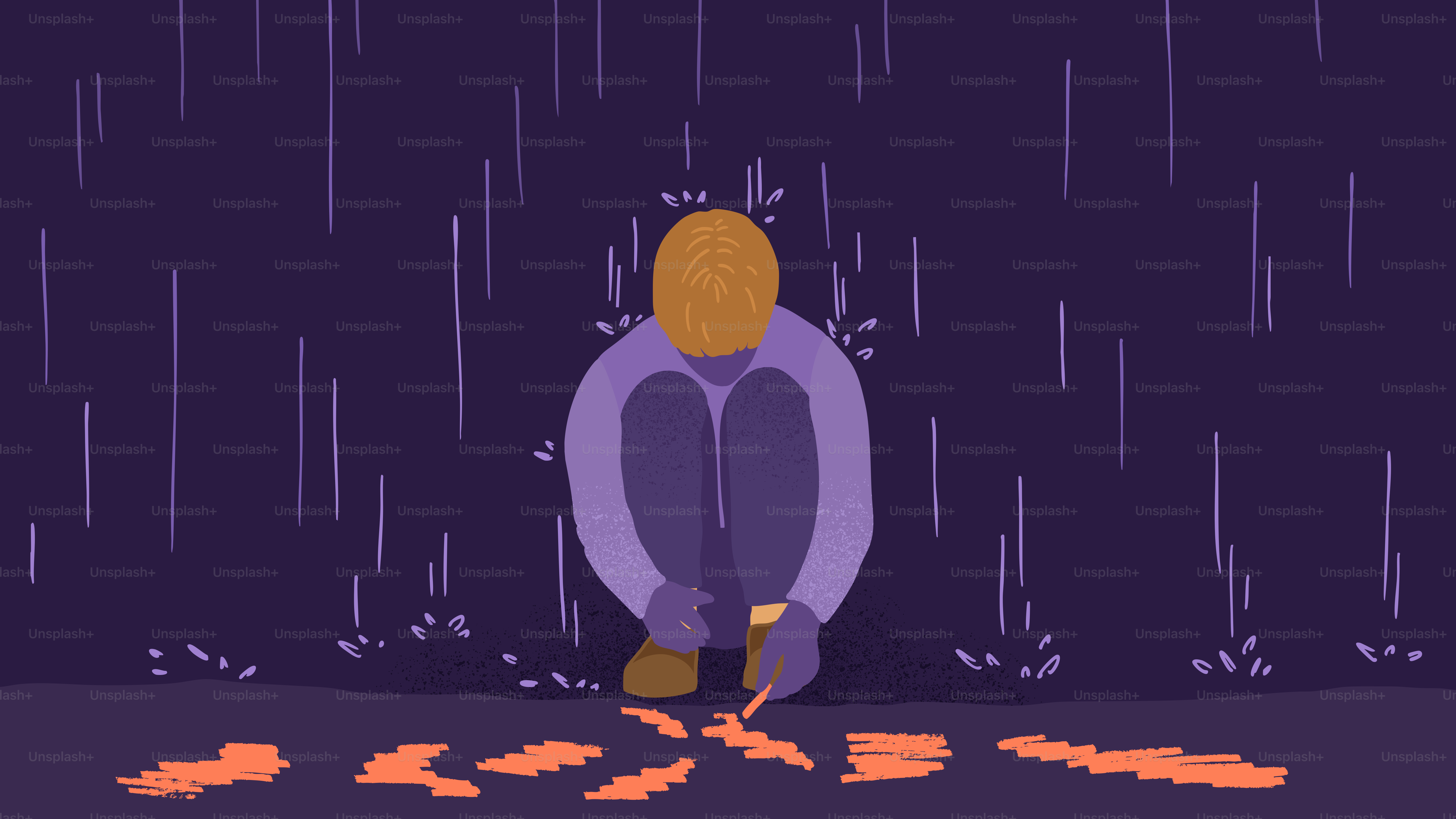 A person cuts carrots in the rain.
