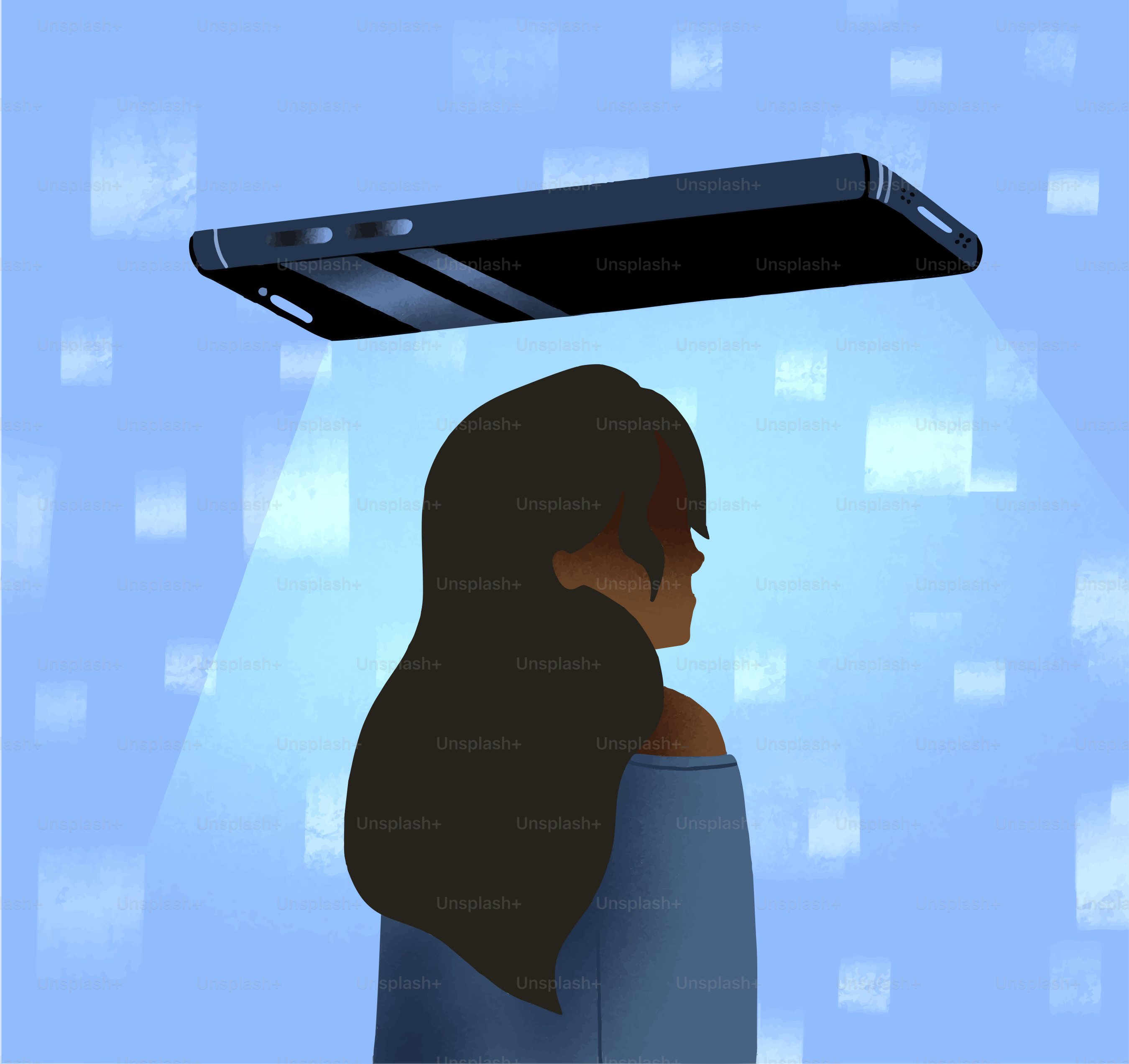 A phone radiates light over a woman.