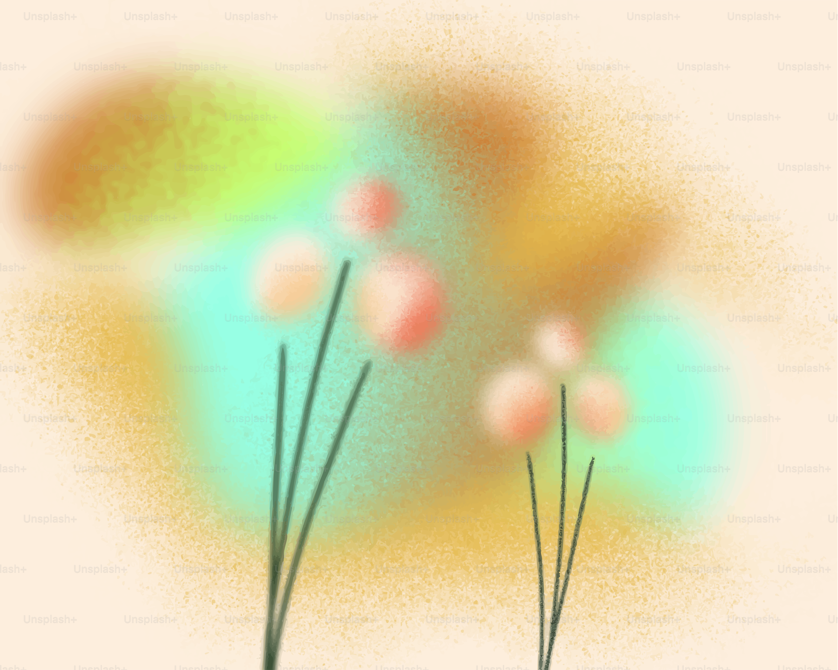 Abstract flowers bloom against a colorful background.