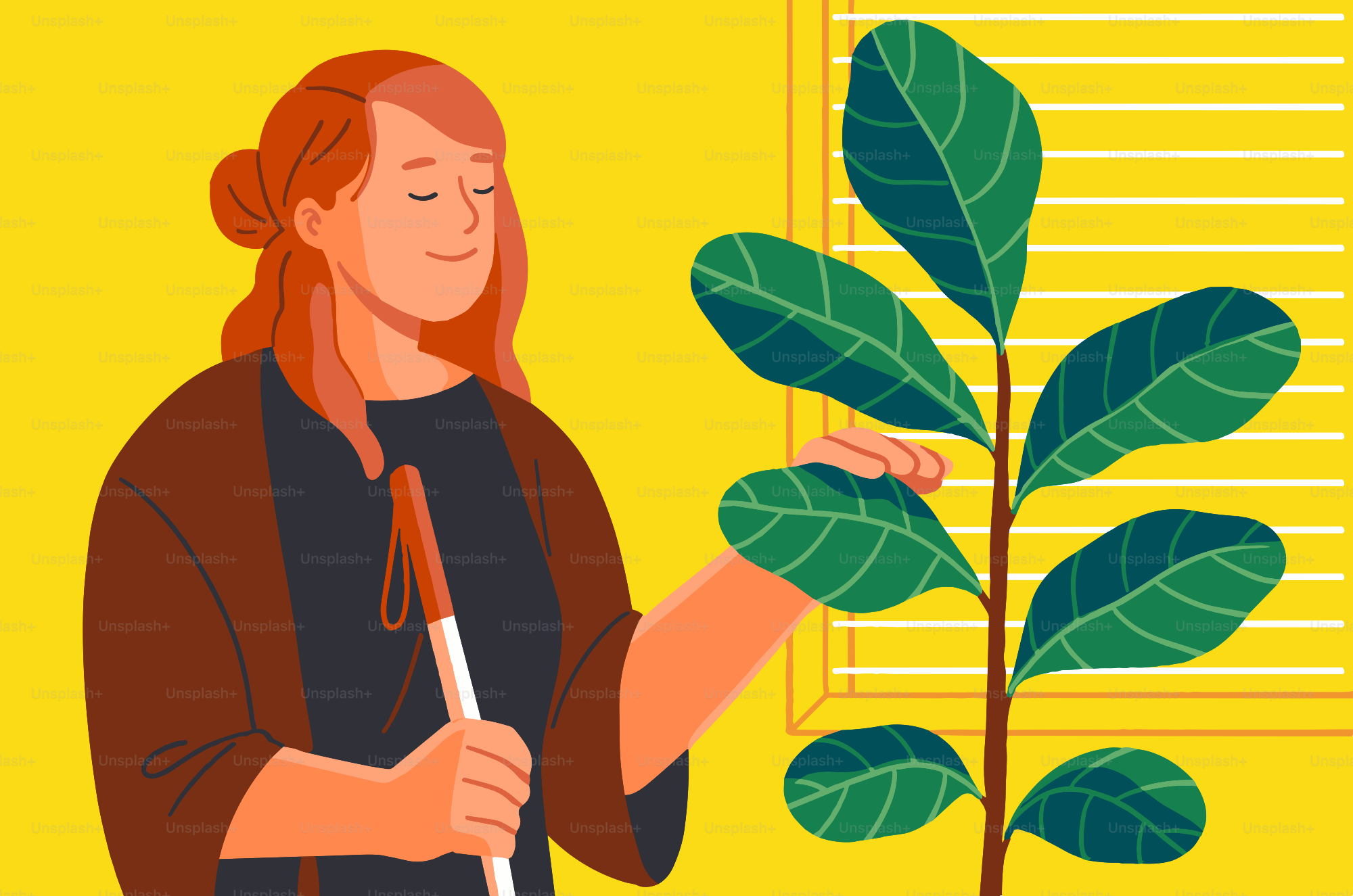 A blind person touches a plant.