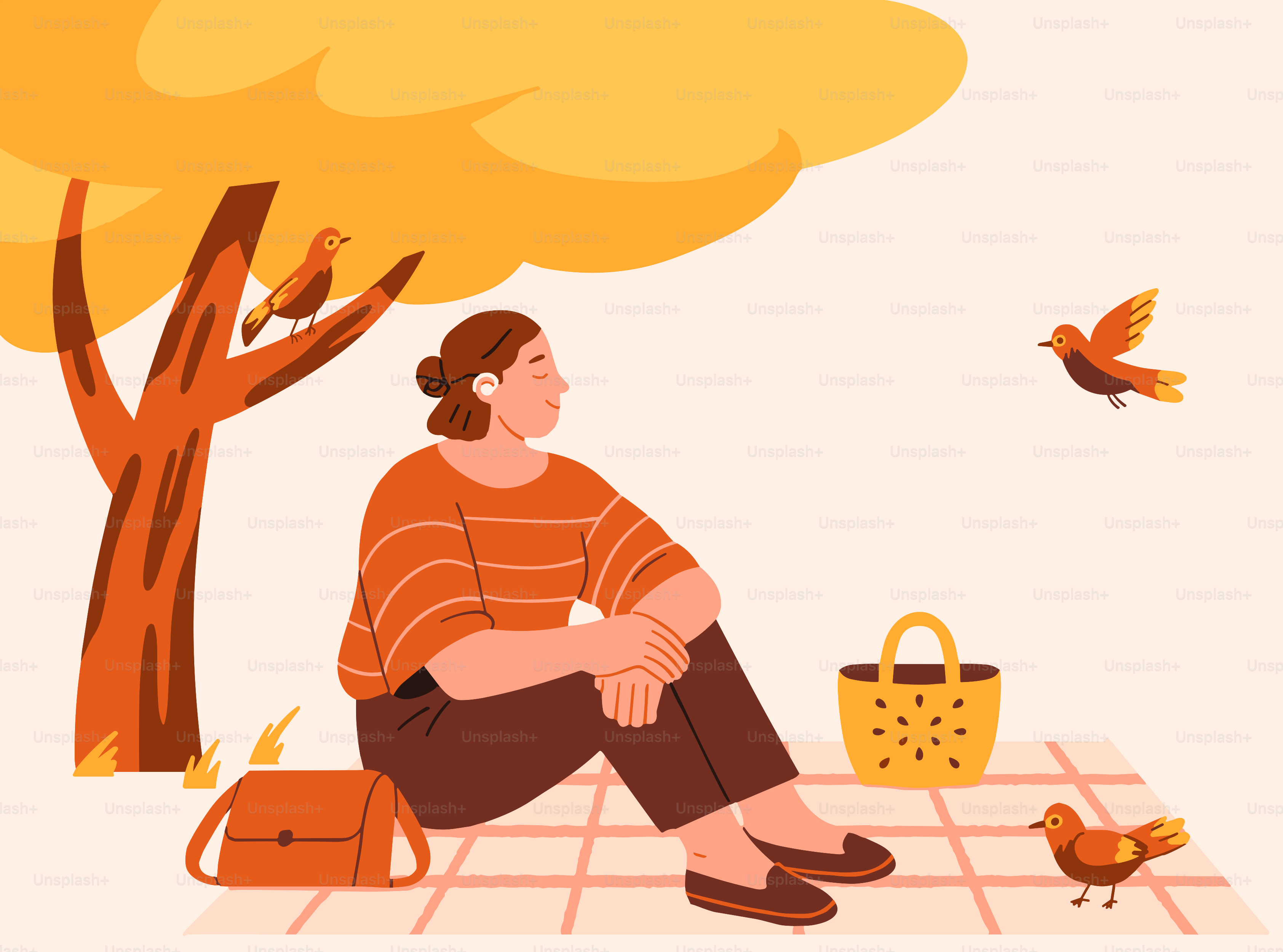 A woman sits under a tree, observing birds.