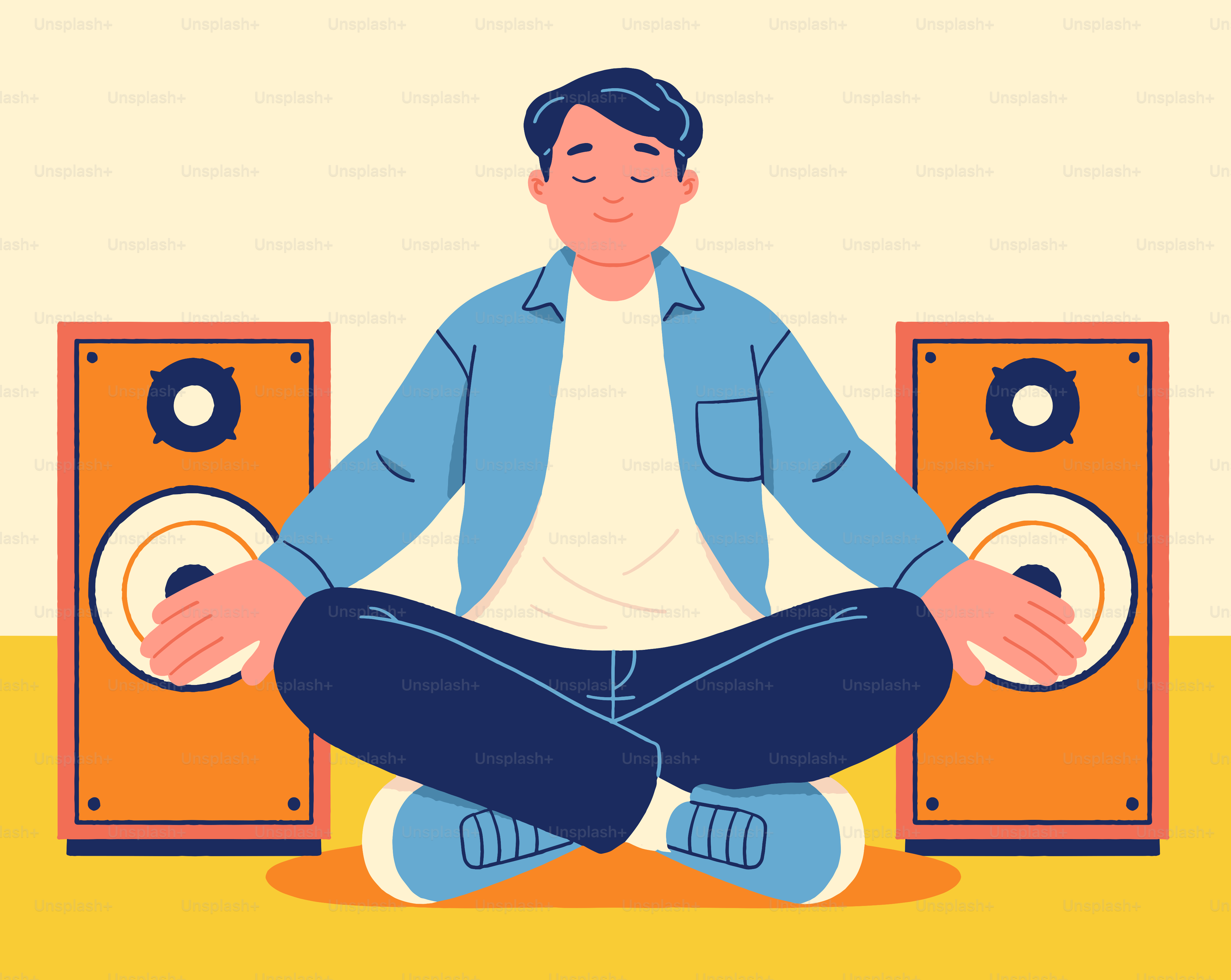 Man meditates in front of speakers.