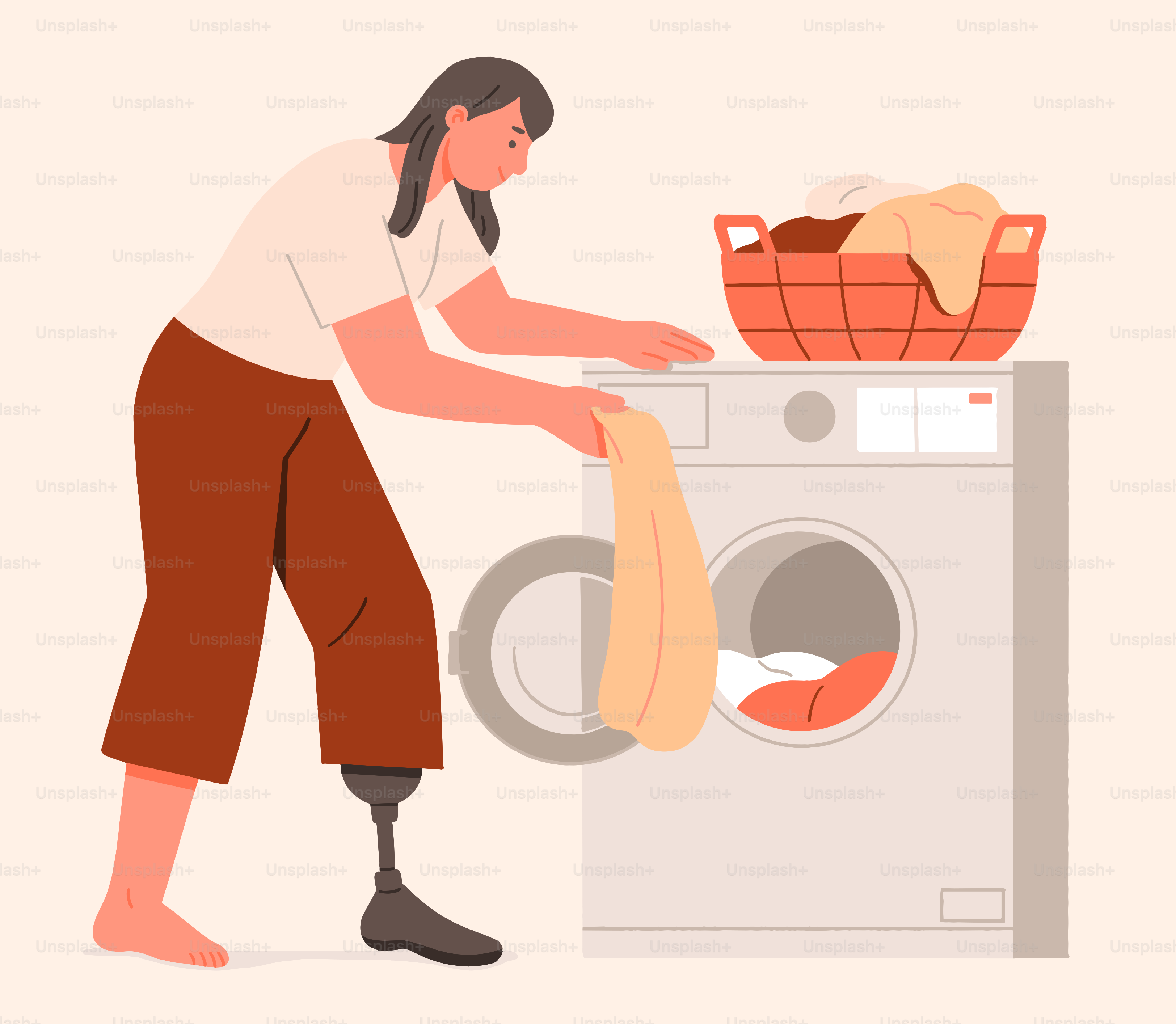 A woman with a prosthetic washes her laundry.