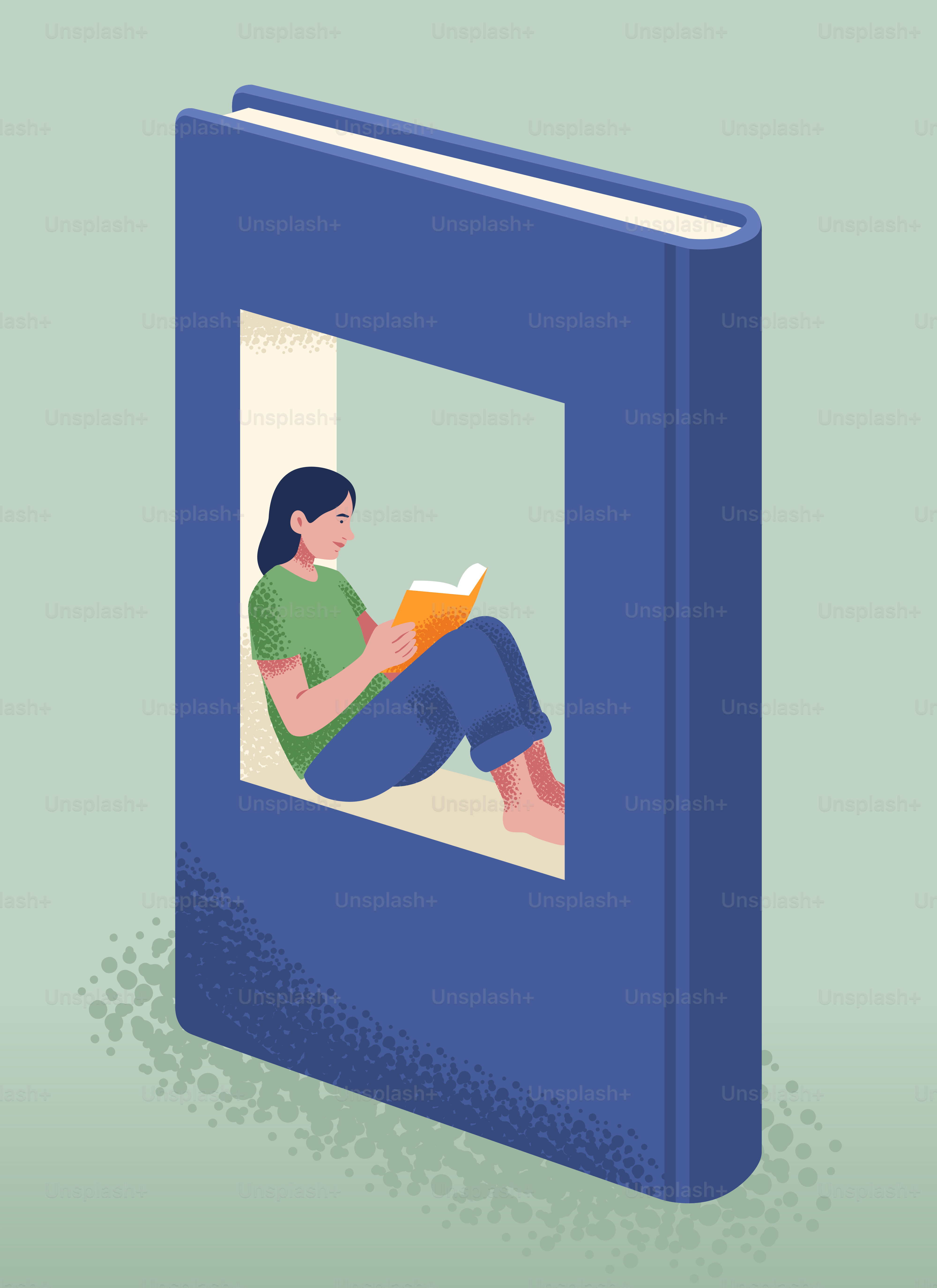 A woman reads inside a large book.