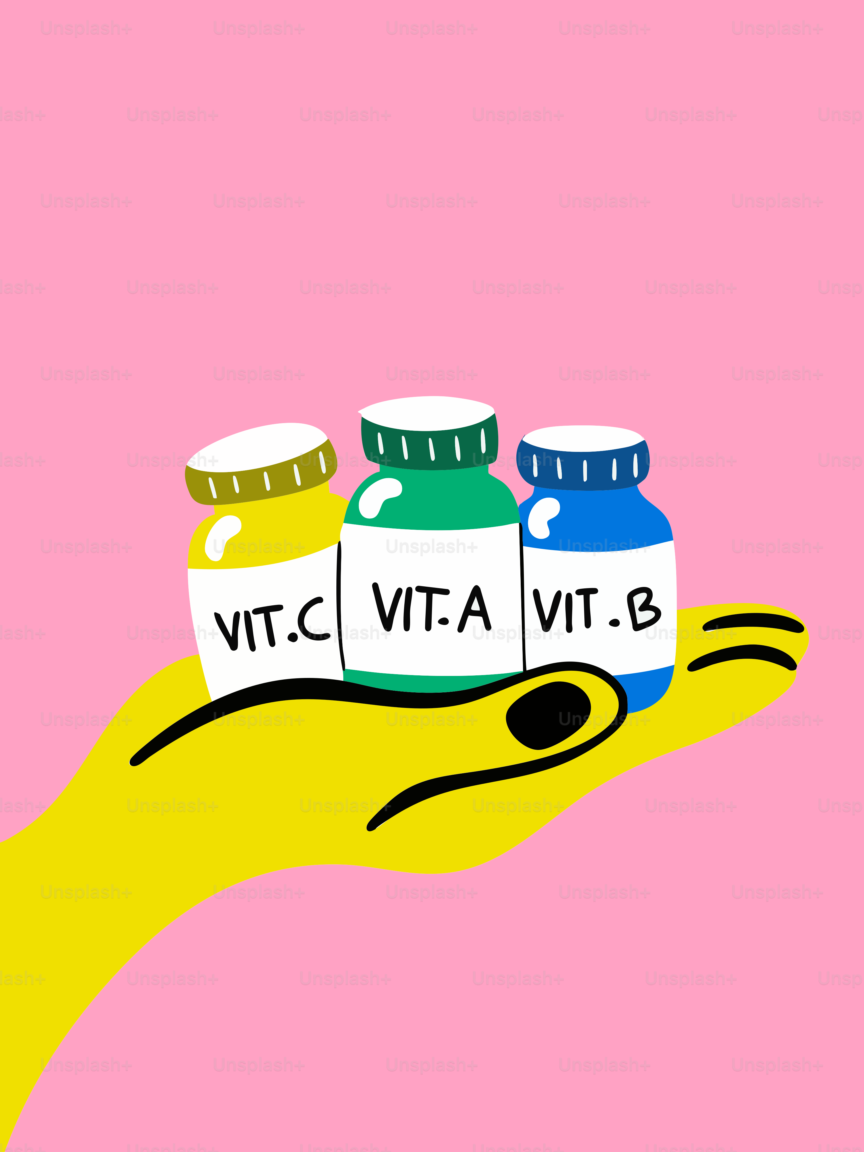 Vitamins a, b, and c are held in a hand.