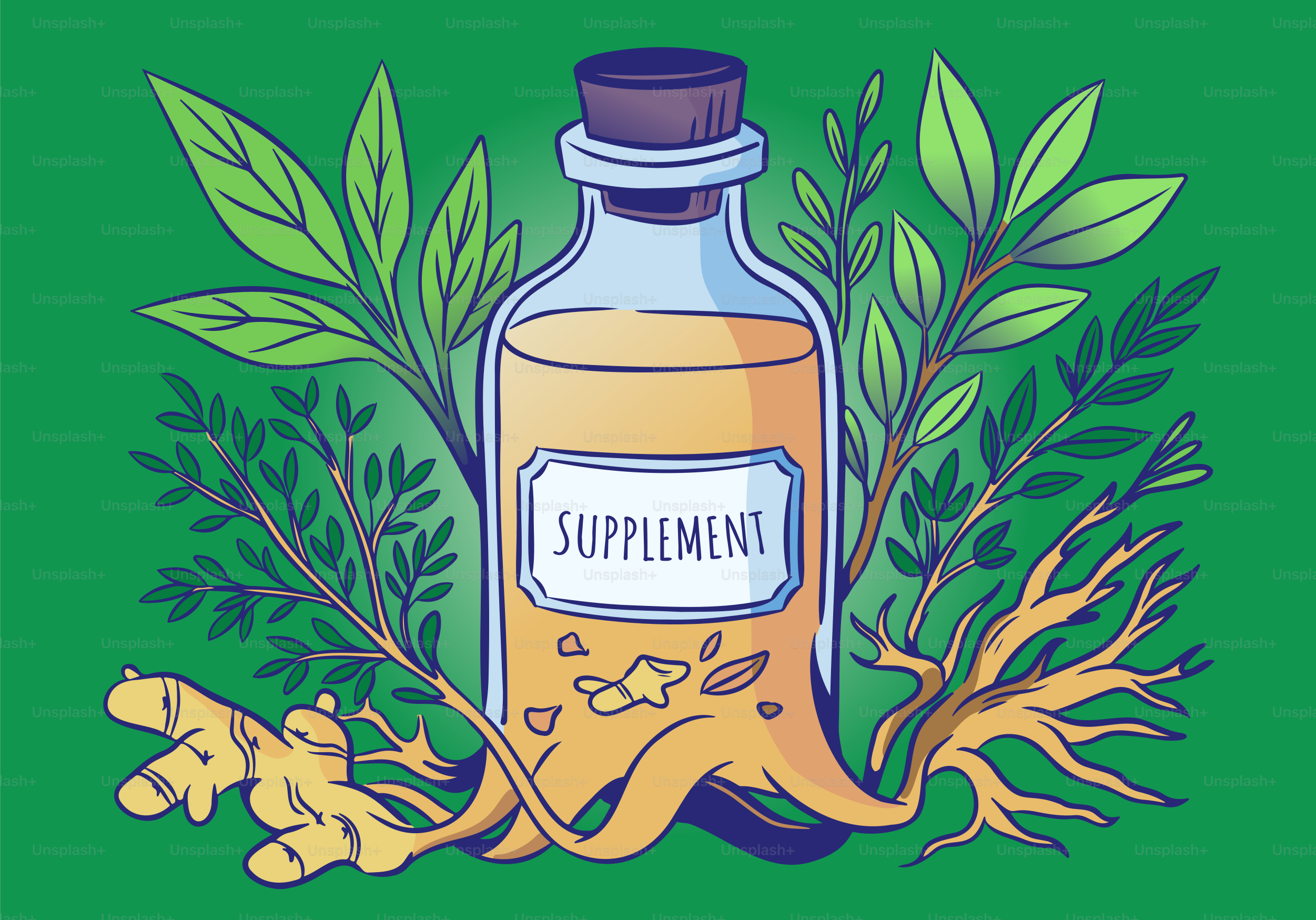 Supplement bottle with herbs and roots.