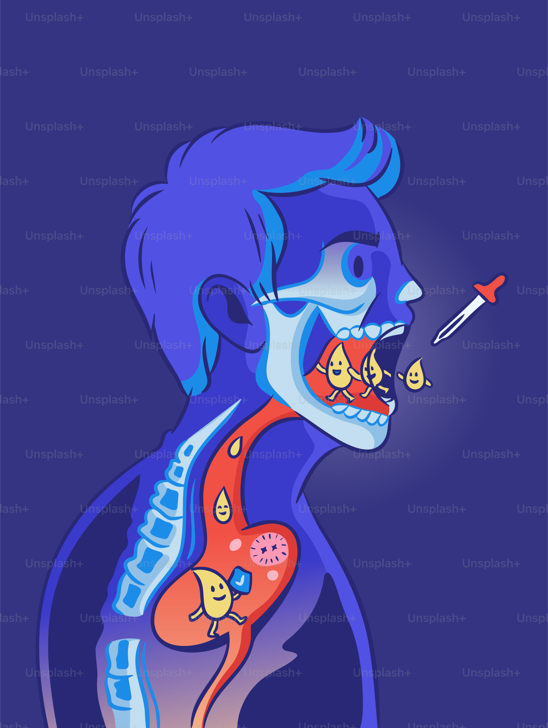 Medicine dropped into the body with animated organs.