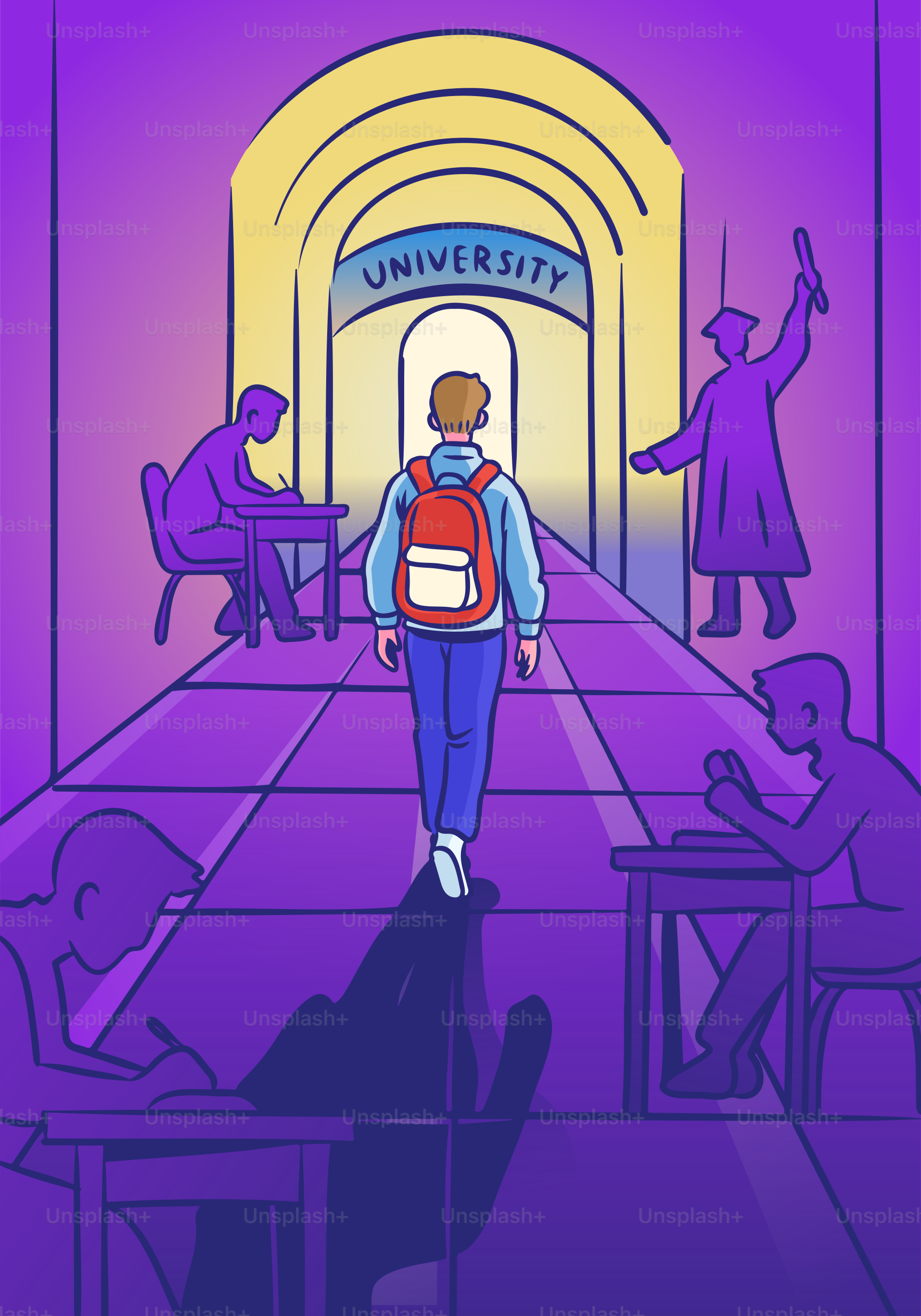 Un estudiante camina hacia la universidad para su futuro.