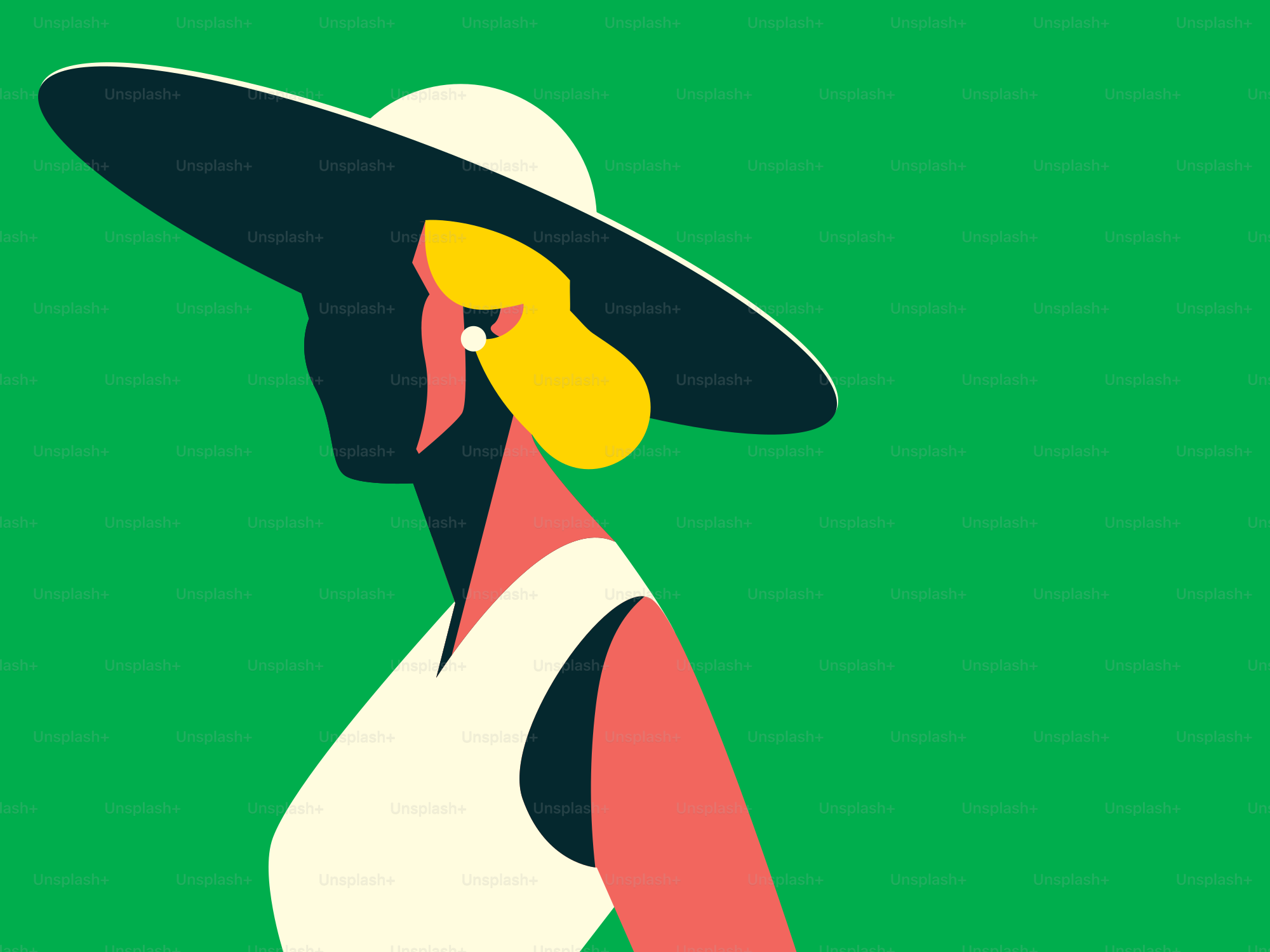 A woman wearing a hat stands against a green backdrop.