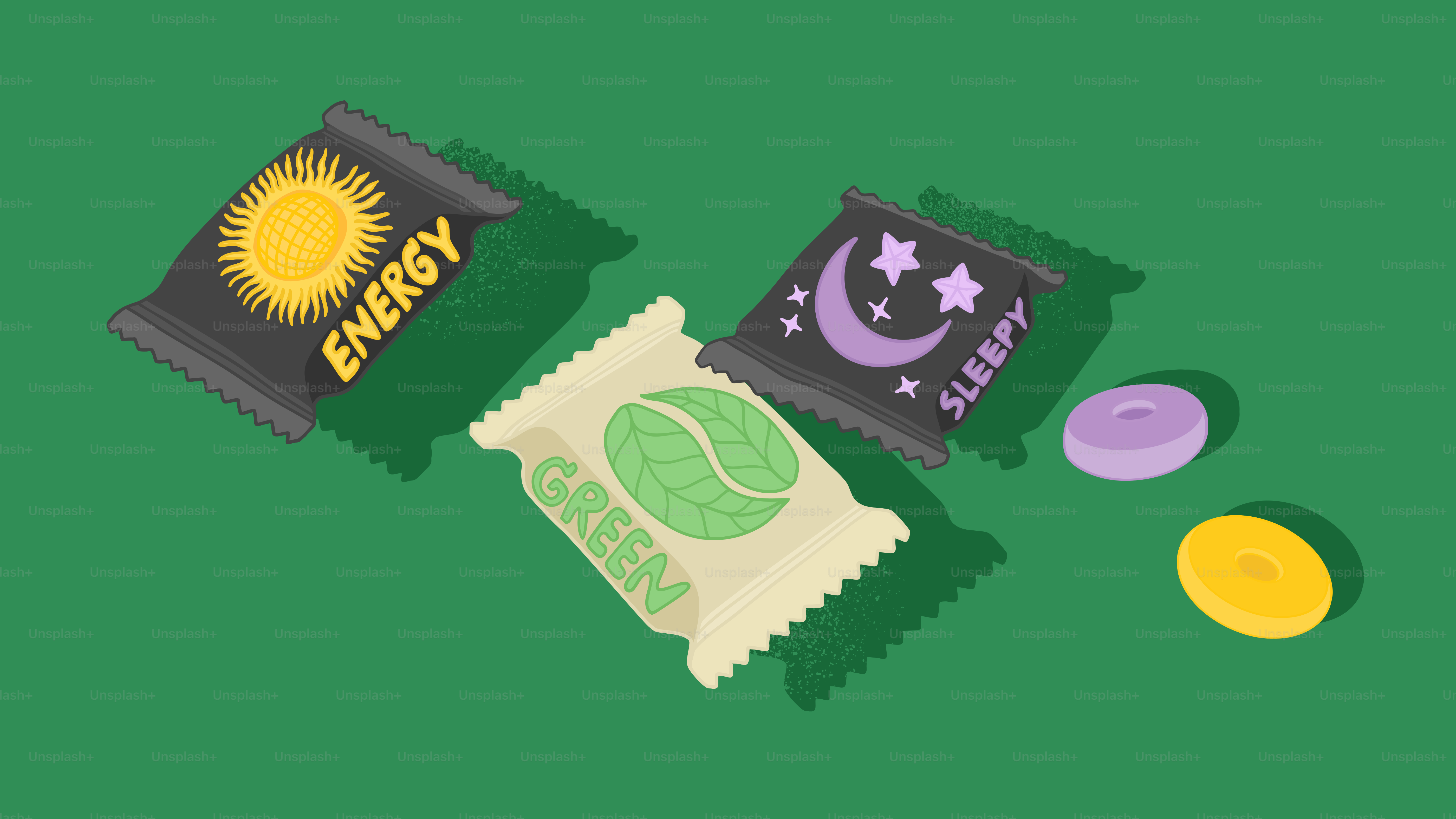 Paquetes de dulces: energía, verde y sueño.
