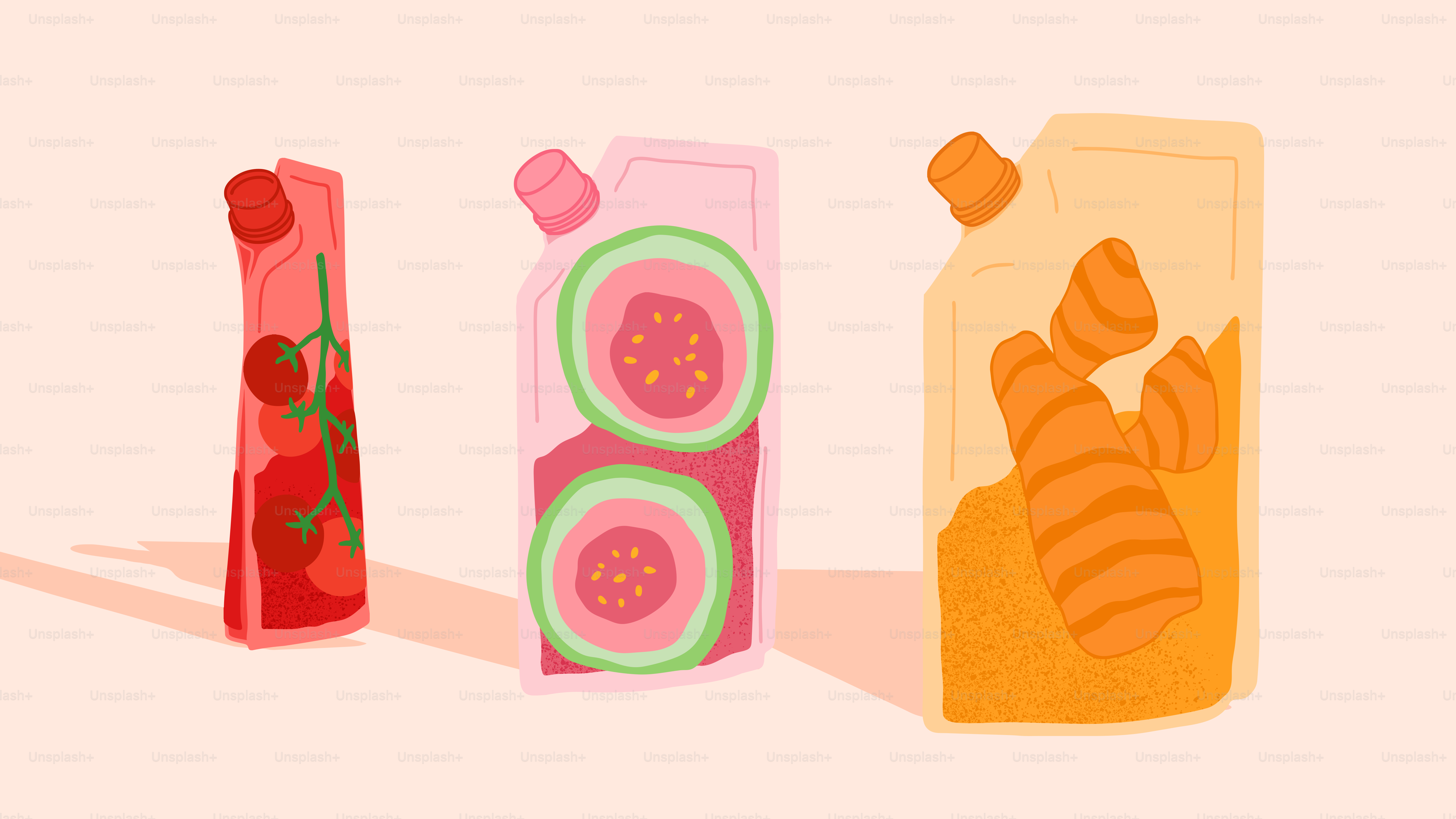 Juice pouches contain tomatoes, watermelon, and carrots.
