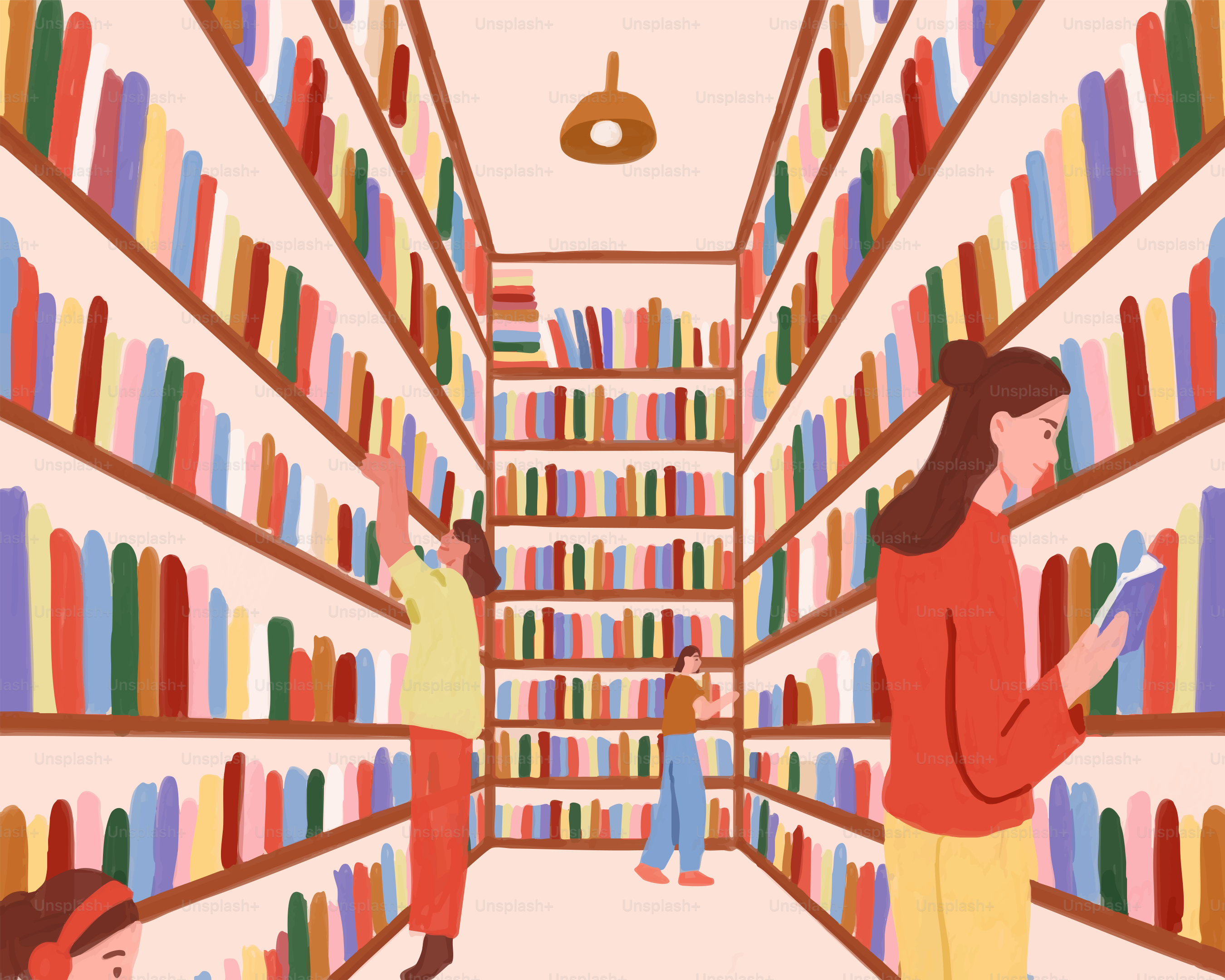 People browse books in a well-stocked library.