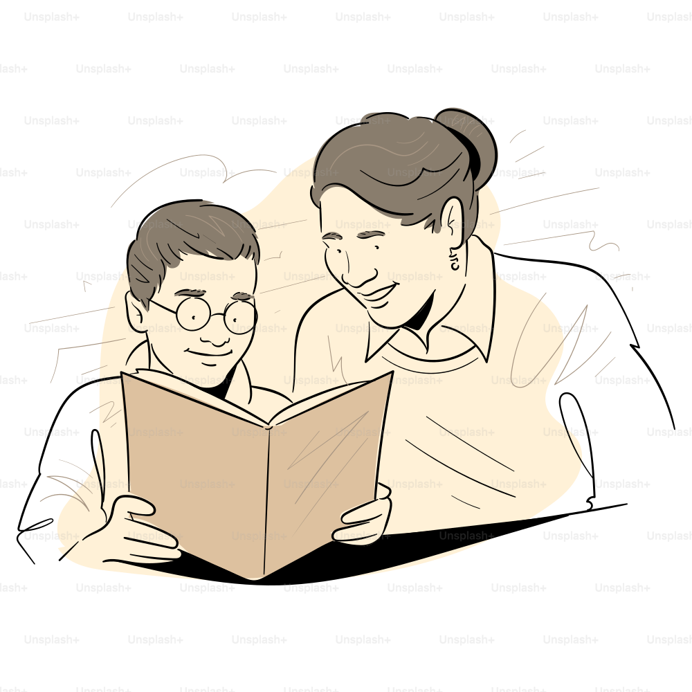 A woman is reading a book with a young boy.