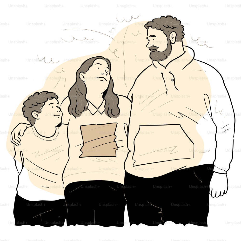 A family stands together, smiling and close.