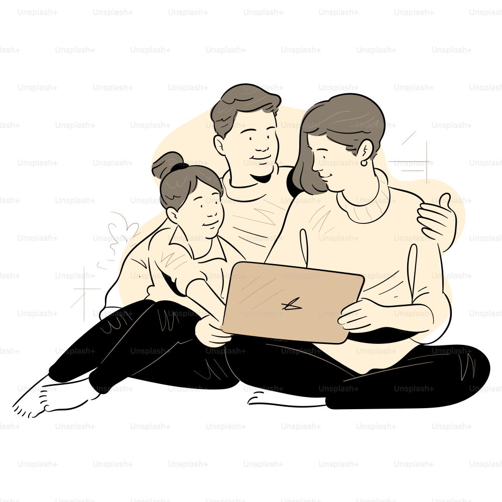A family watches something together on a laptop.