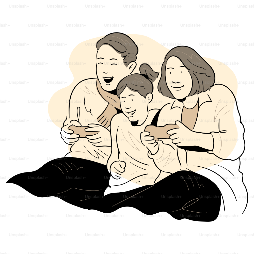 A family happily plays video games together.
