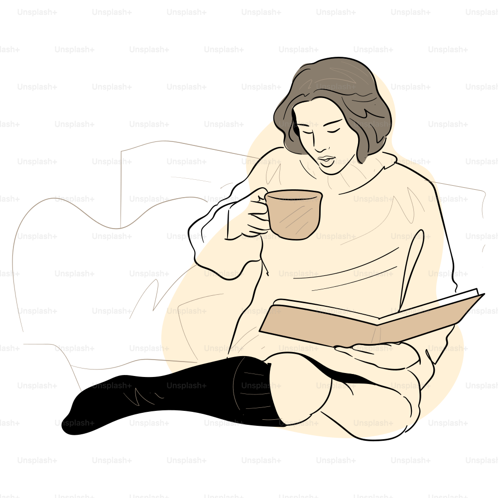 Uma mulher lê um livro e toma café.