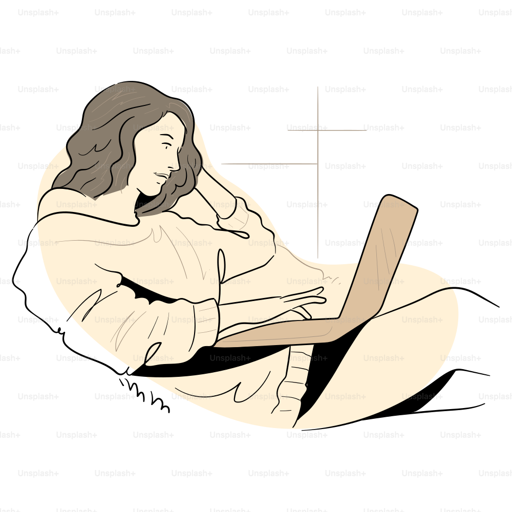 A woman uses a laptop while relaxing.
