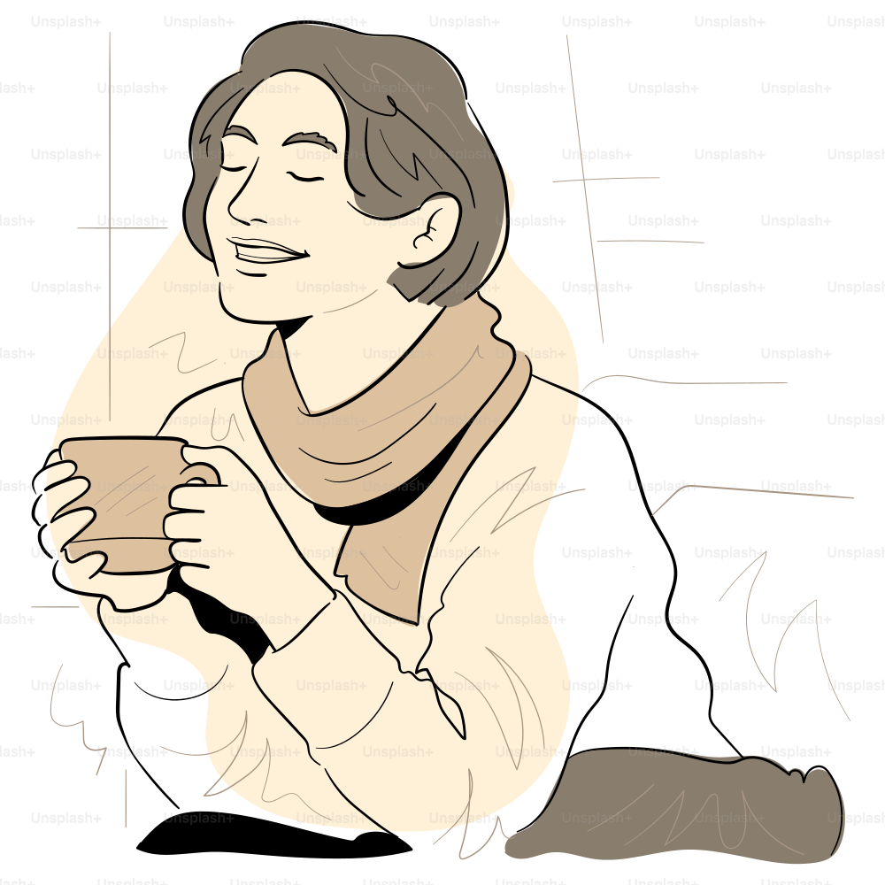 A person relaxes while sipping warm beverage.