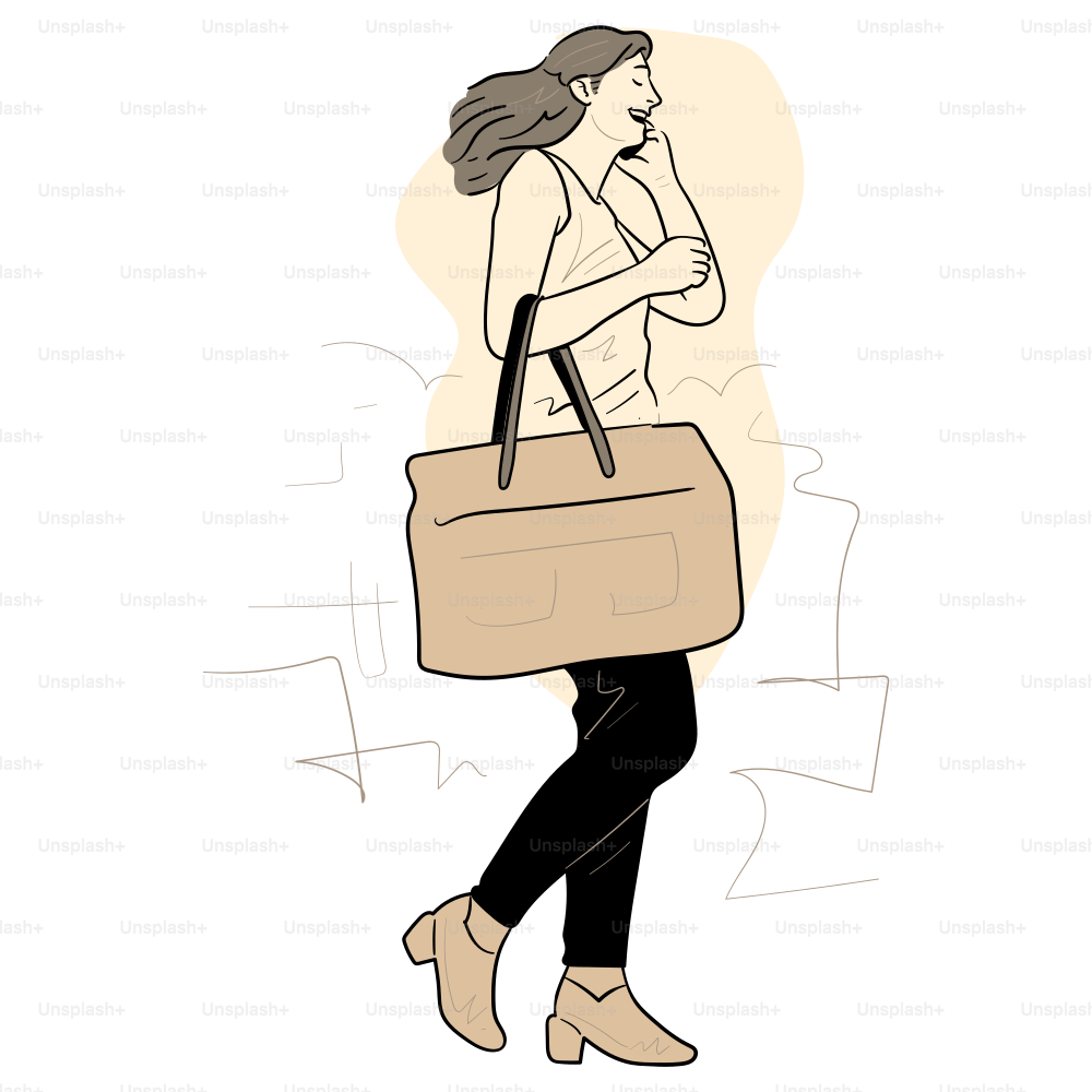 Woman happily walks with a purse.