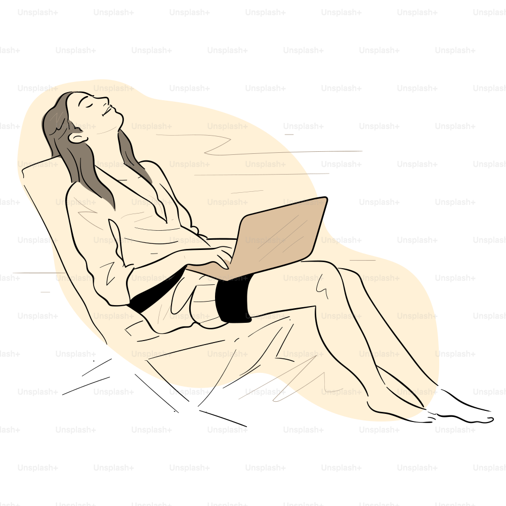 Woman relaxes and works on a laptop outside.