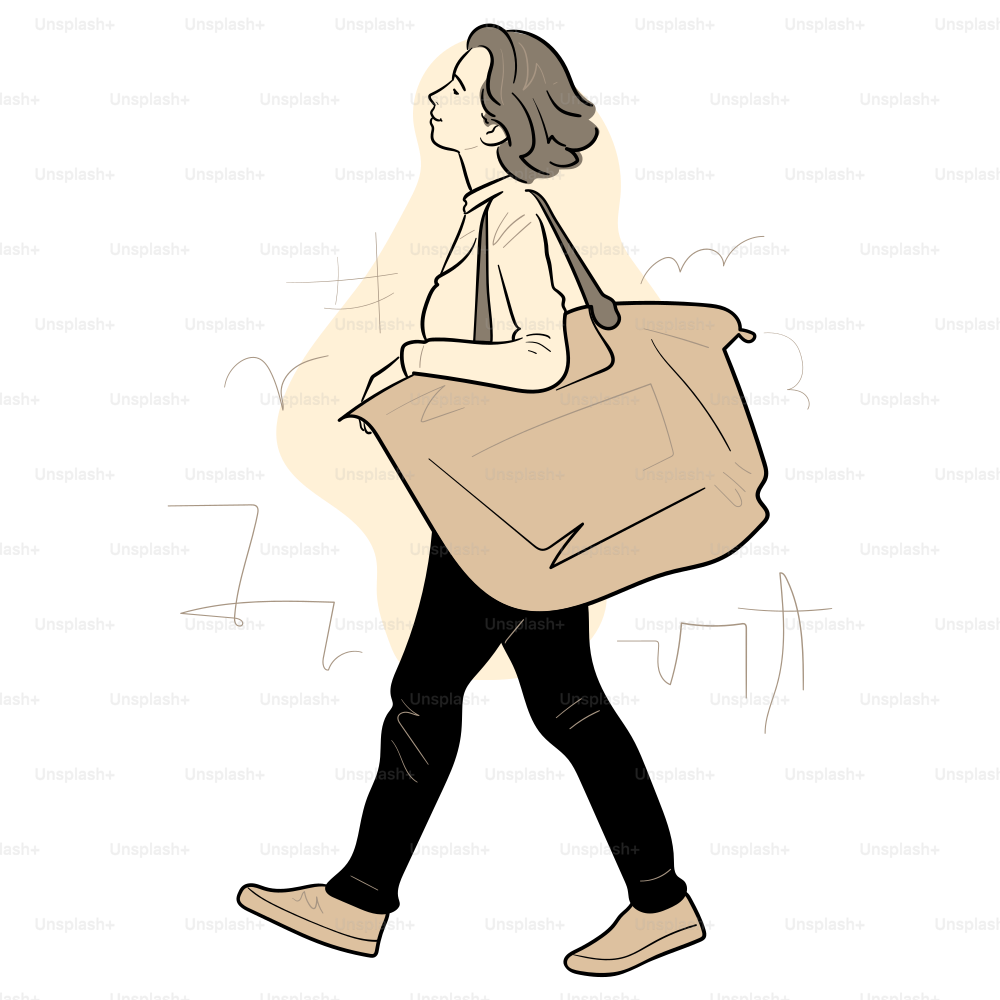 A woman walks with a large tote bag.