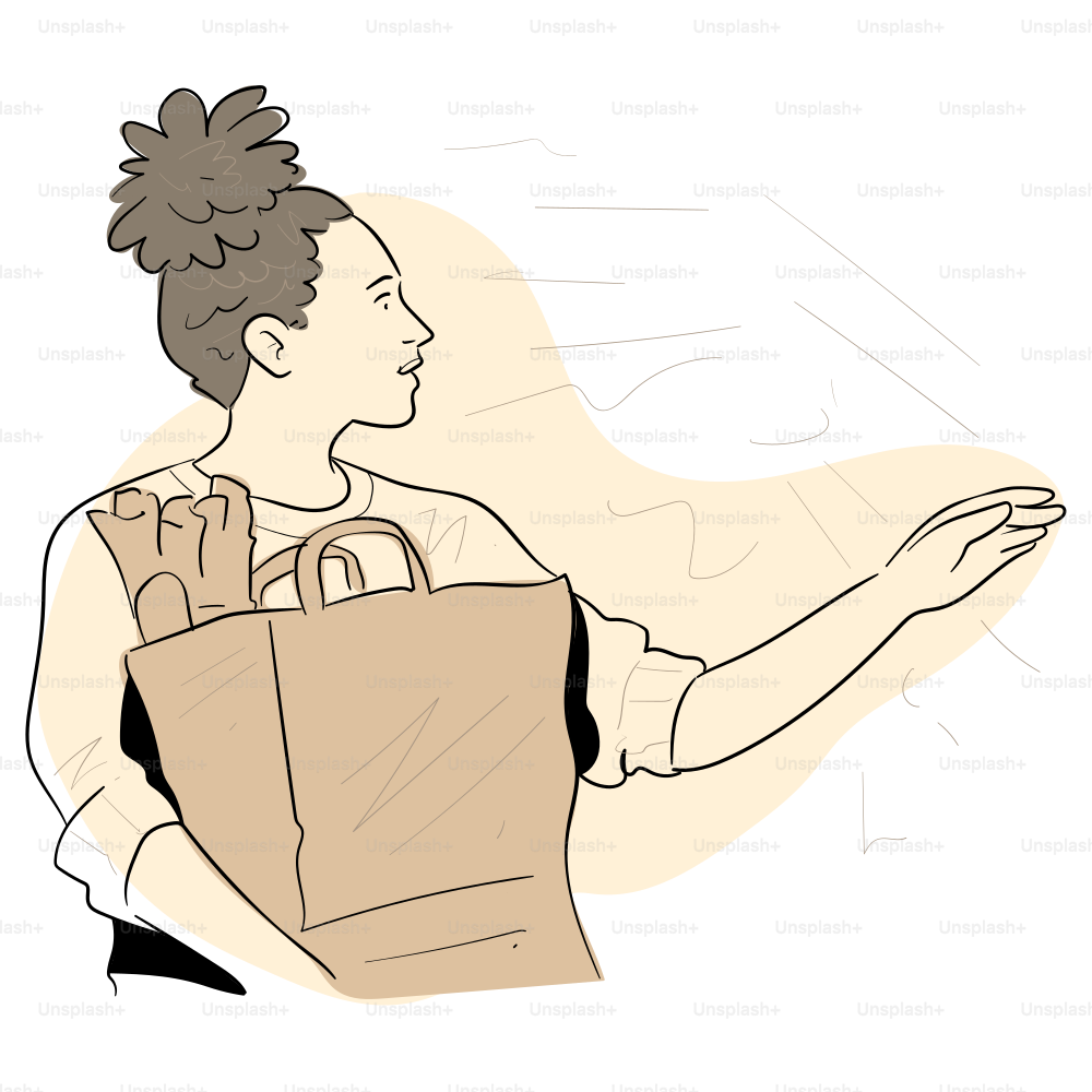 Woman holds a bag of groceries, reaching for a door.