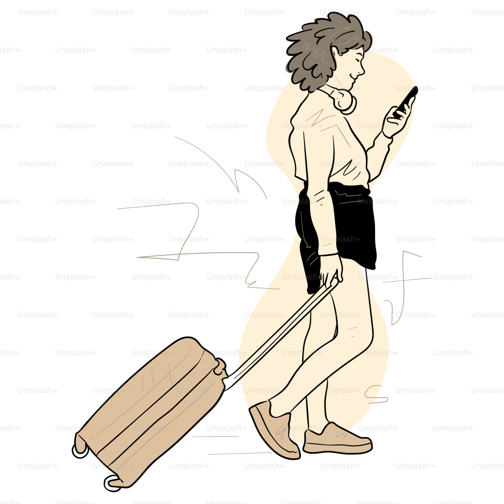 Woman walks with luggage and checks her phone.