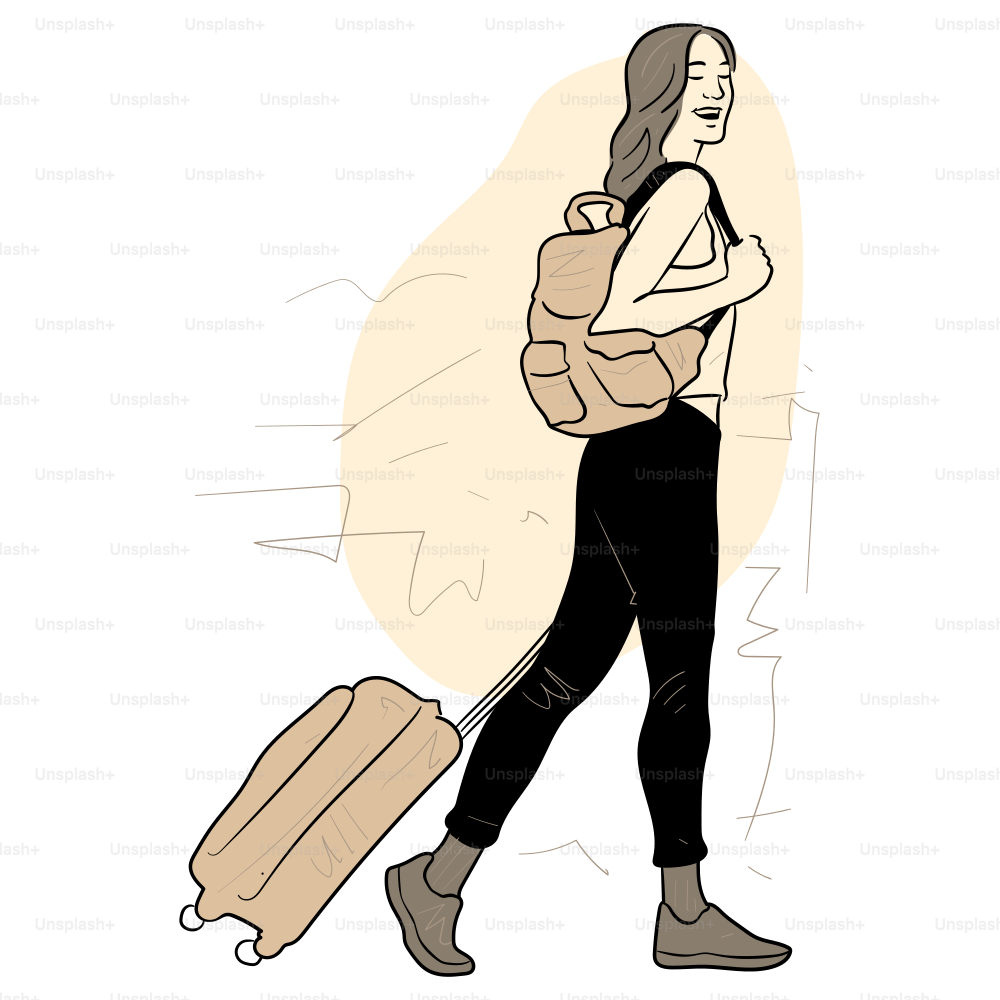 A happy traveler walks with a suitcase and backpack.