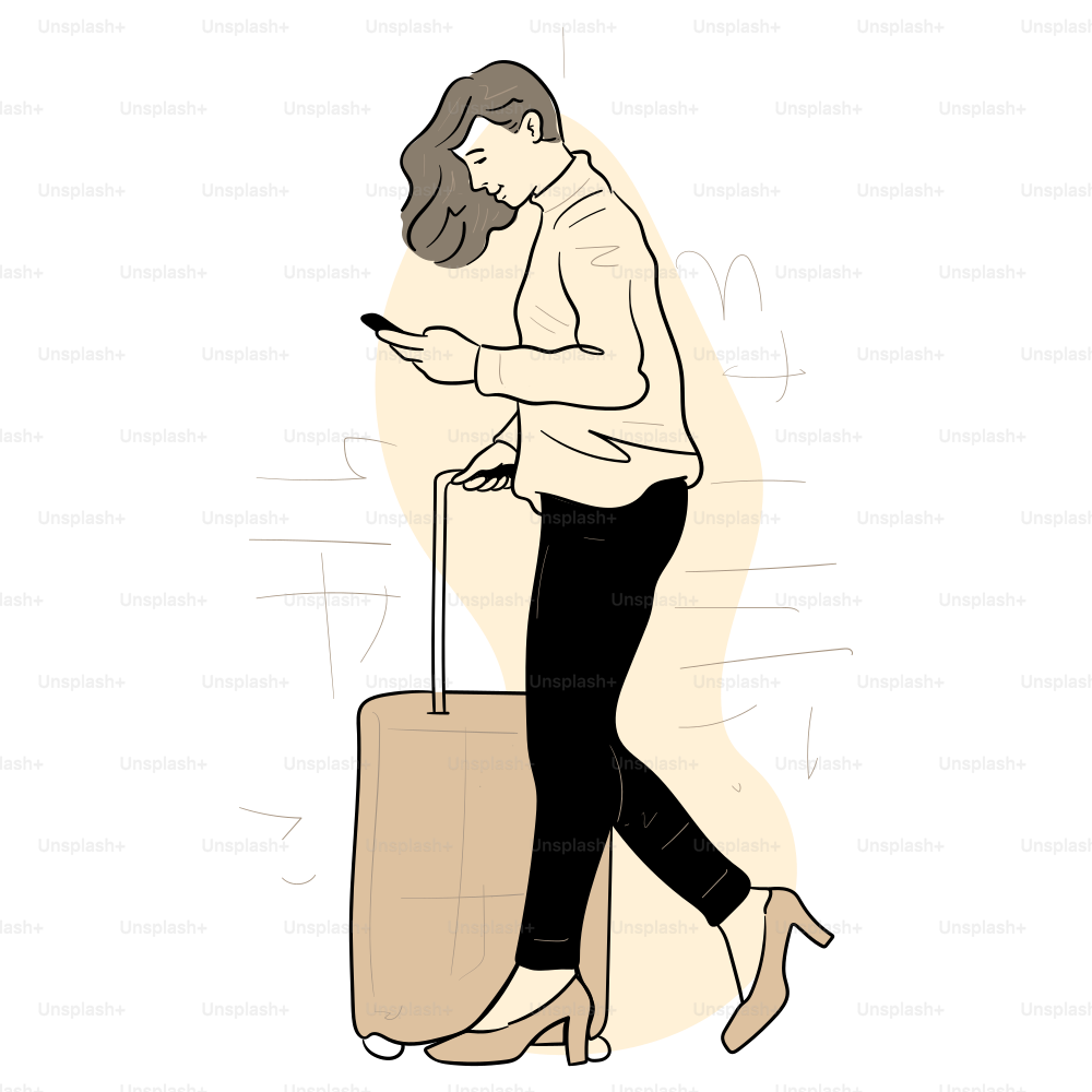 Woman walks with luggage while looking at her phone.