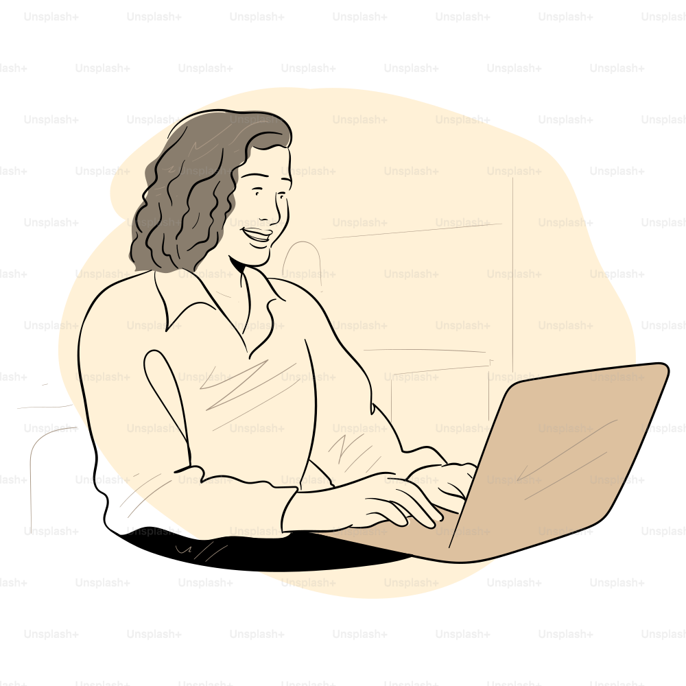 Woman smiling and working on a laptop.