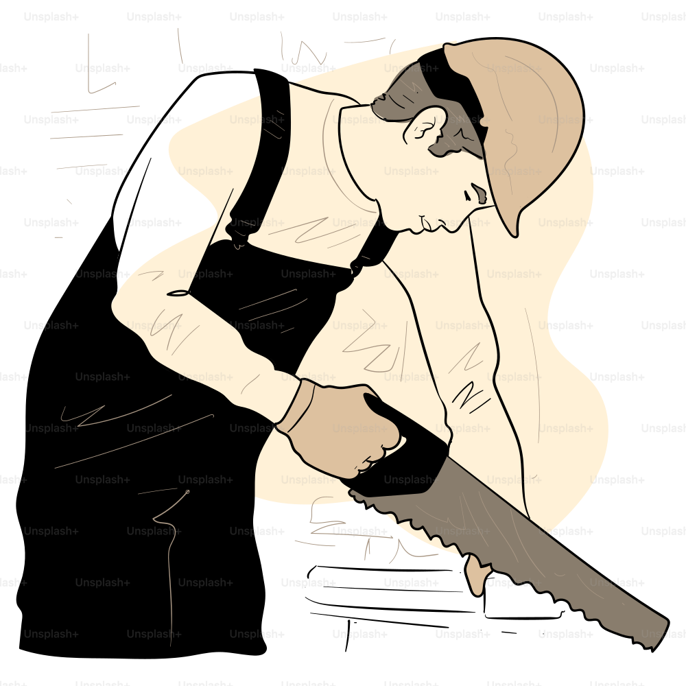 A construction worker saws wood with a hand saw.