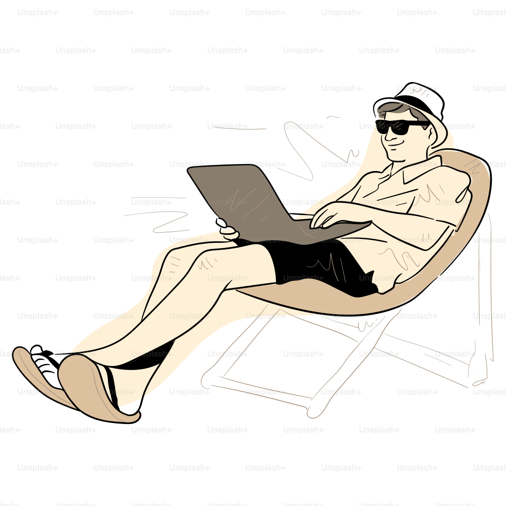 L'uomo lavora a distanza mentre si rilassa al sole.