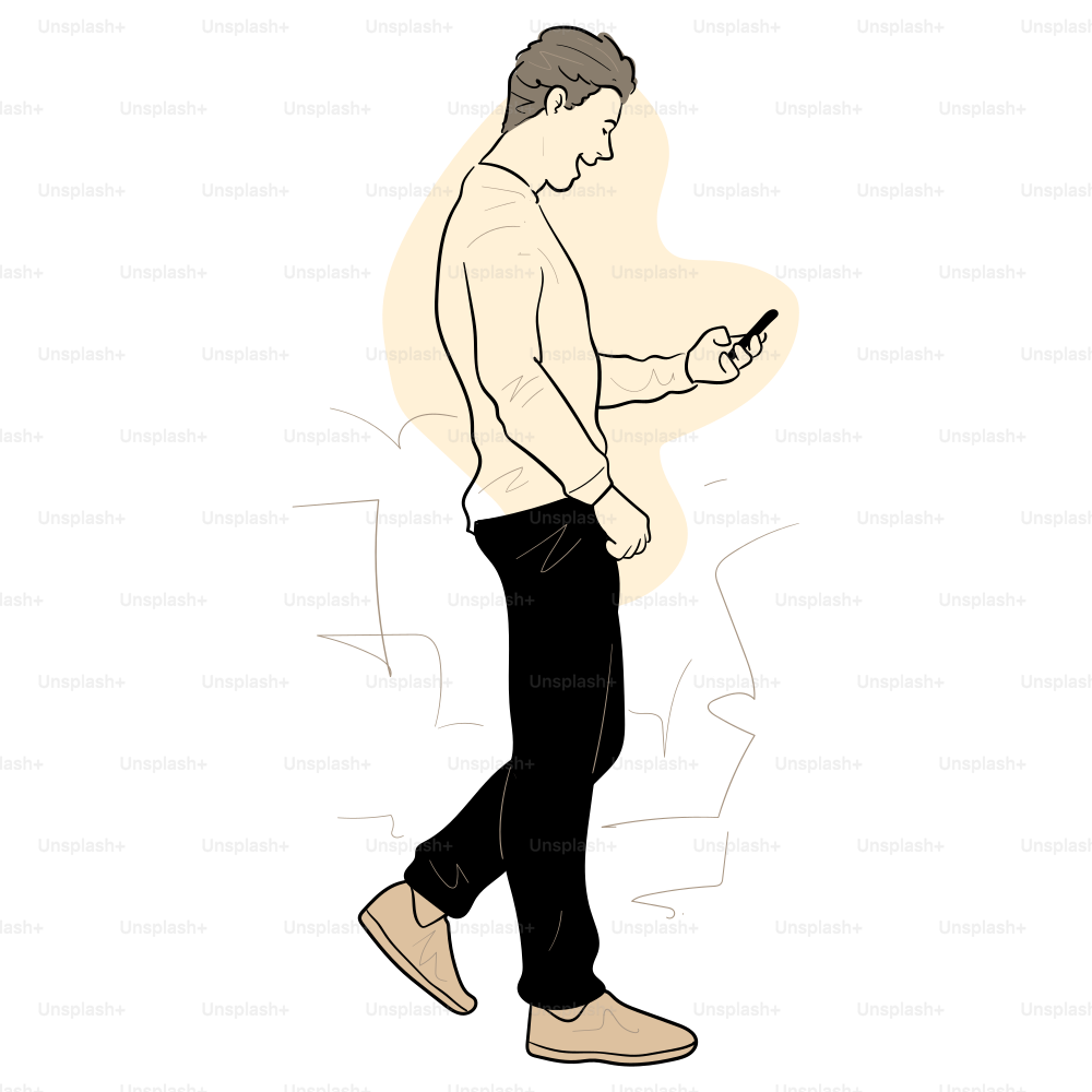 Man walks while looking at his phone.