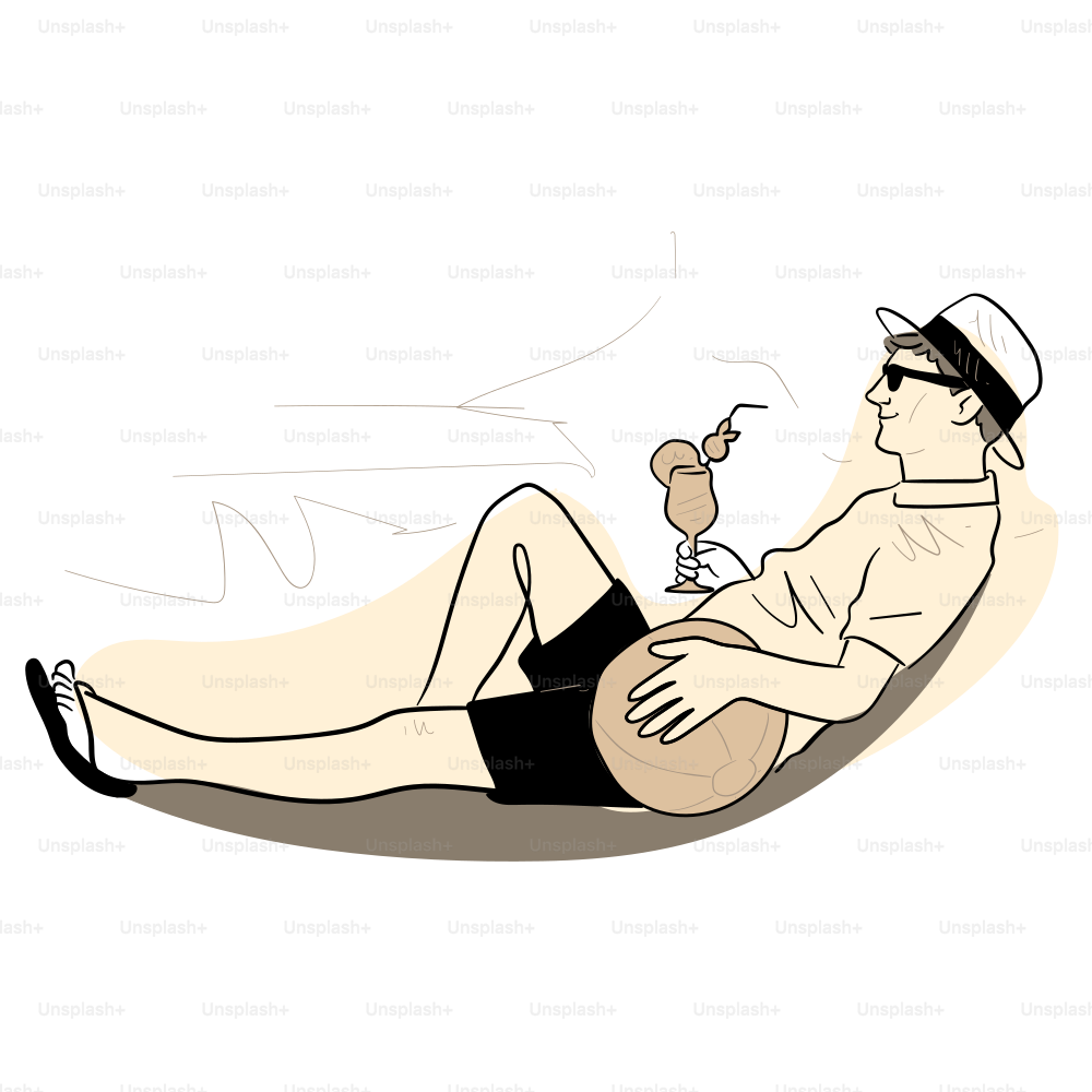 Man relaxes with a drink and hat on a sunny day.