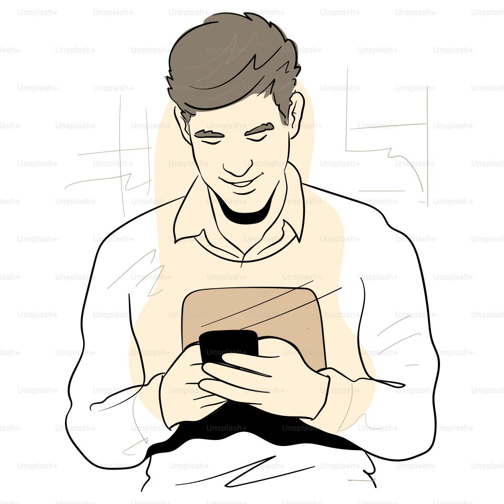 A man smiles while using his smartphone.